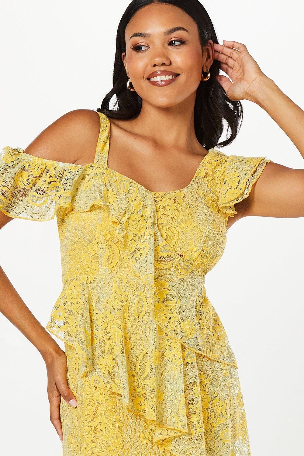 Coast Ruffle Lace Pencil Dress With Flute Hem Yellow image 4