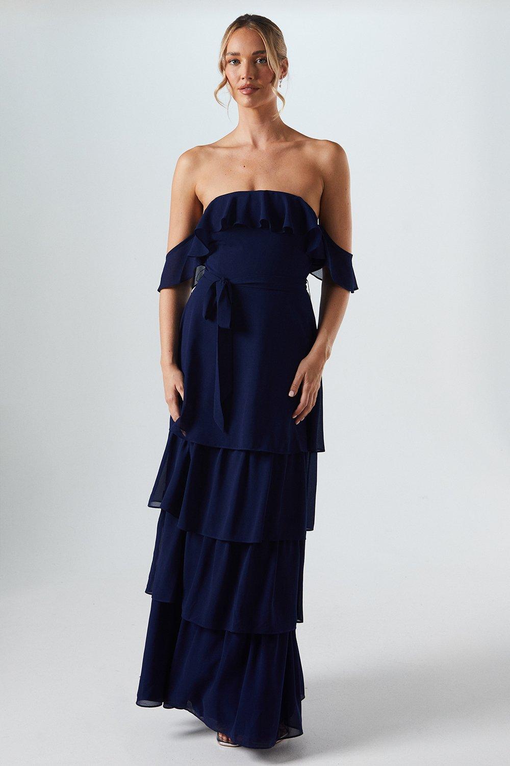 Oasis Bardot Tiered Georgette With Tie Detail Bridesmaids Dress Navy image 1