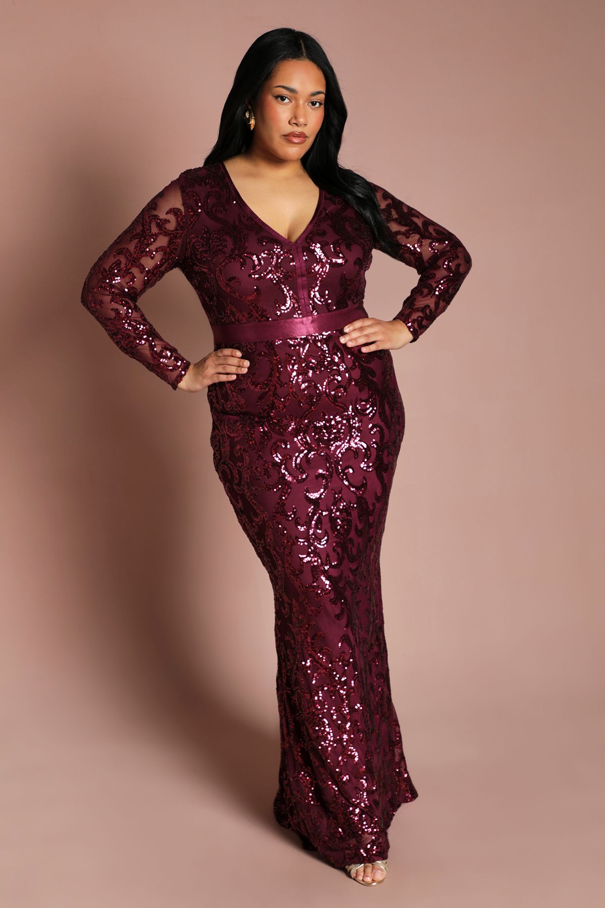 Coast Plus Size Long Sleeve Sequin Maxi Dress Burgundy