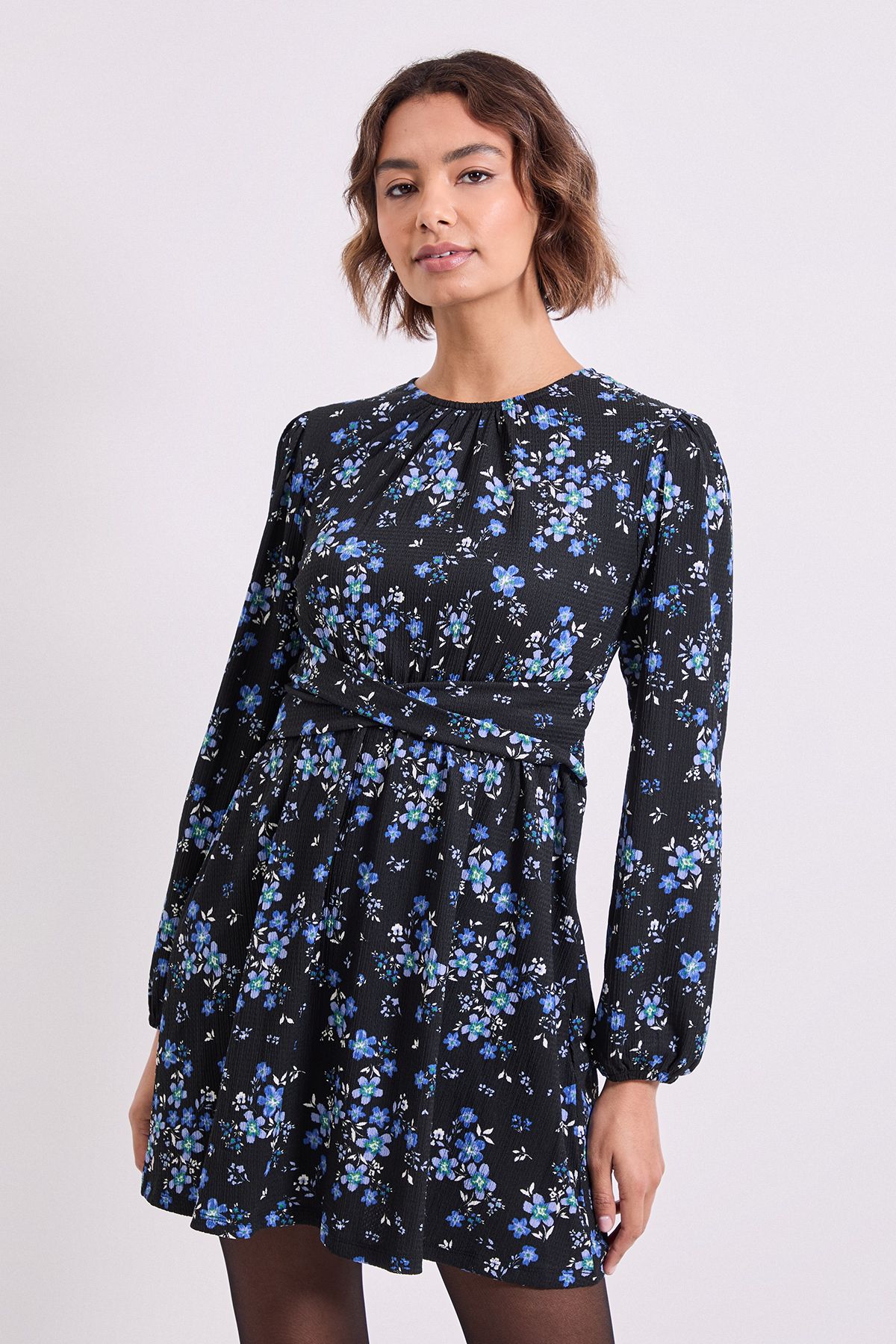 Dorothy Perkins Floral Knot Waist Detail Jersey Mini Dress Blue image 2