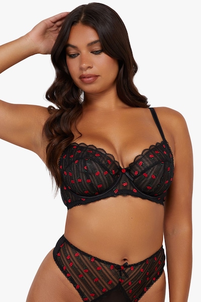 Playful Promises Elodie Black And Red Rosebud Embroidery Balcon Bra