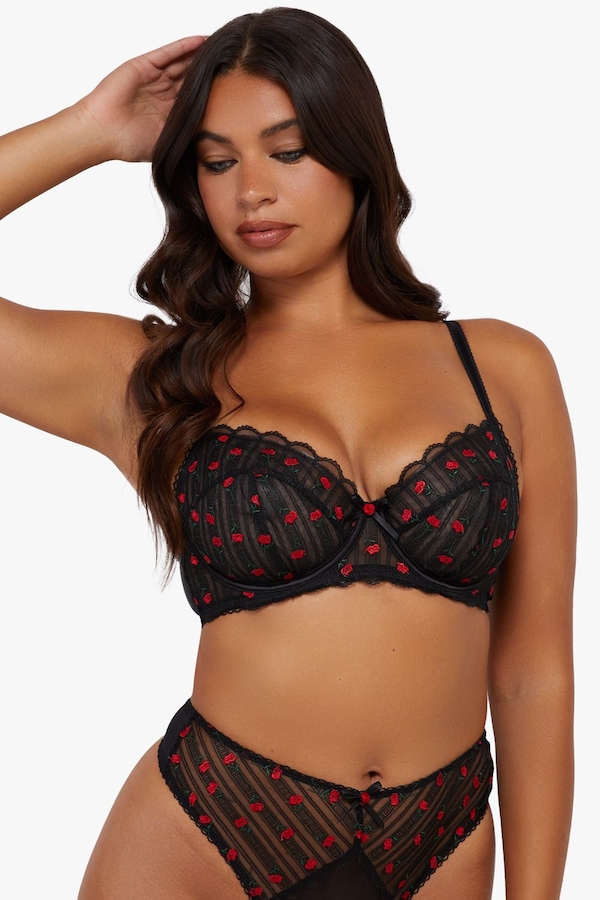 Playful Promises Elodie Black And Red Rosebud Embroidery Balcon Bra