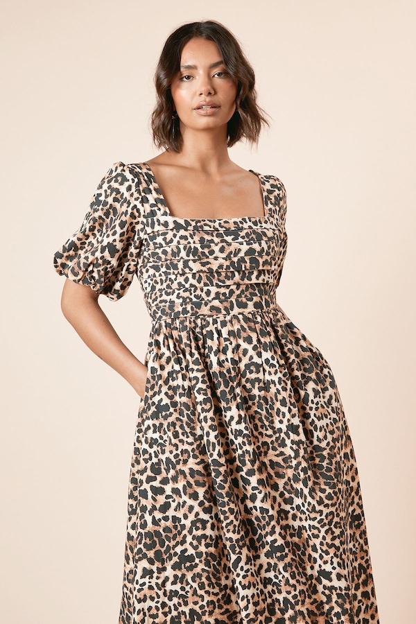Dorothy Perkins Leopard Pleated Bodice Midi Dress Leopard