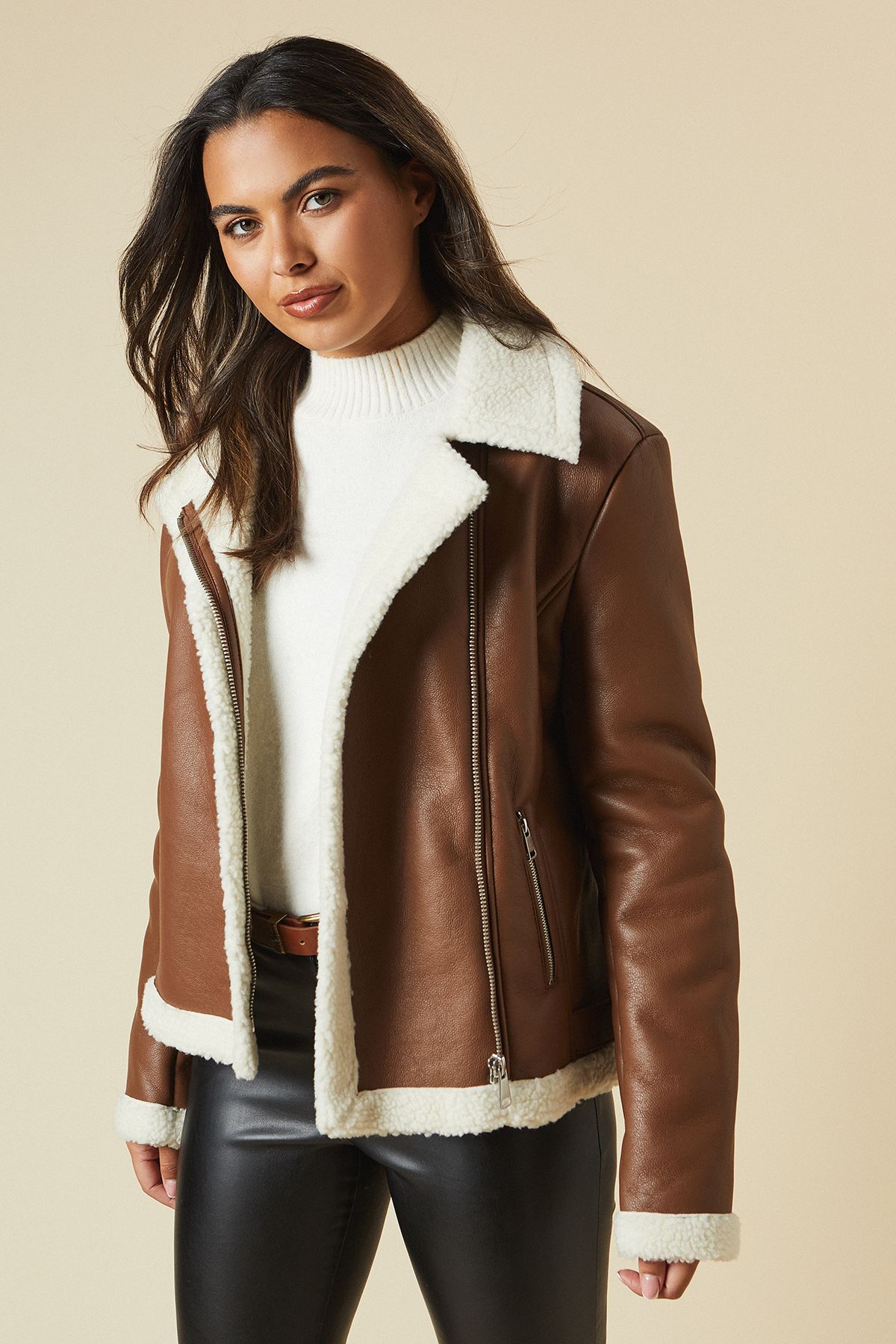 Dorothy Perkins Tall Short Aviator Jacket Brown image 1