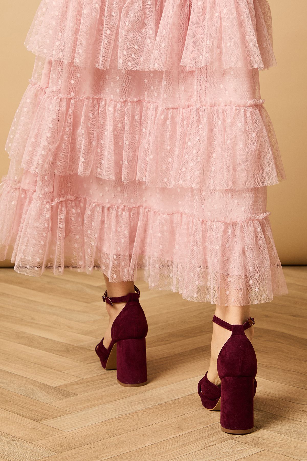 Oasis Narina Faux Suede Knotted Platform High Block Heel Sandals Burgundy image 4