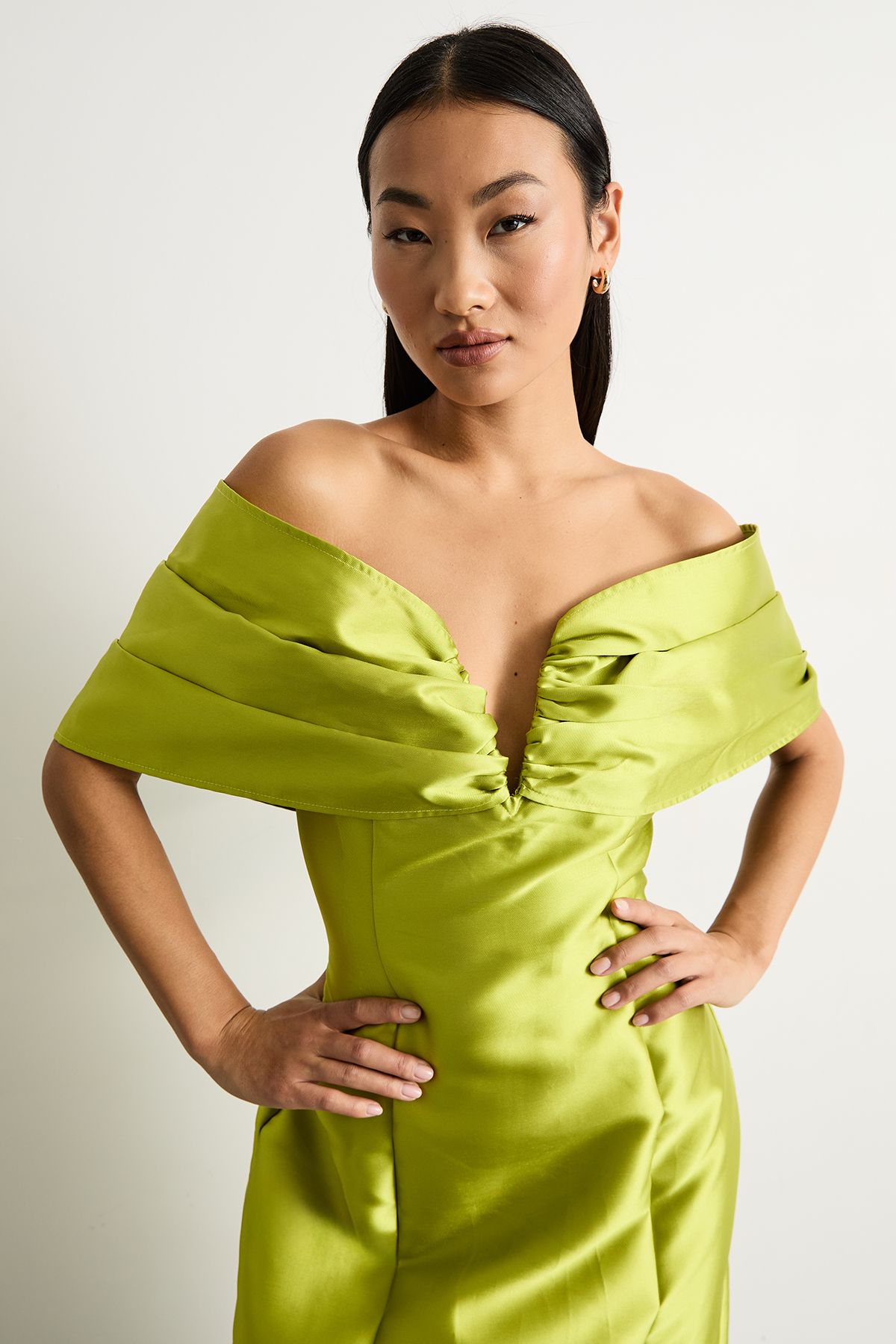 Warehouse Petite Satin Twill Notch Front Bardot Midi Dress Chartreuse image 2