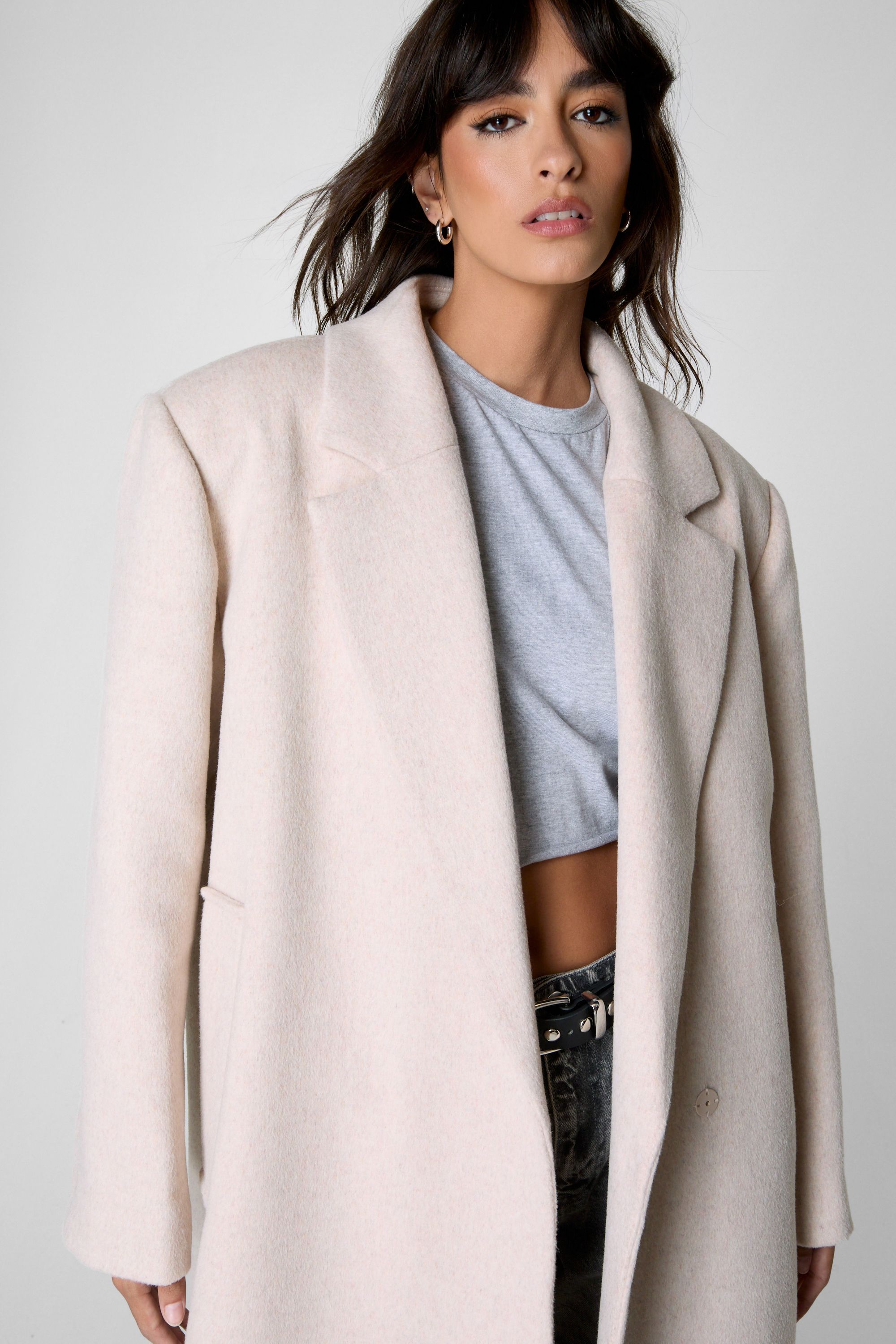 NastyGal Premium Wool Blend Double Breasted Coat Ecru image 2