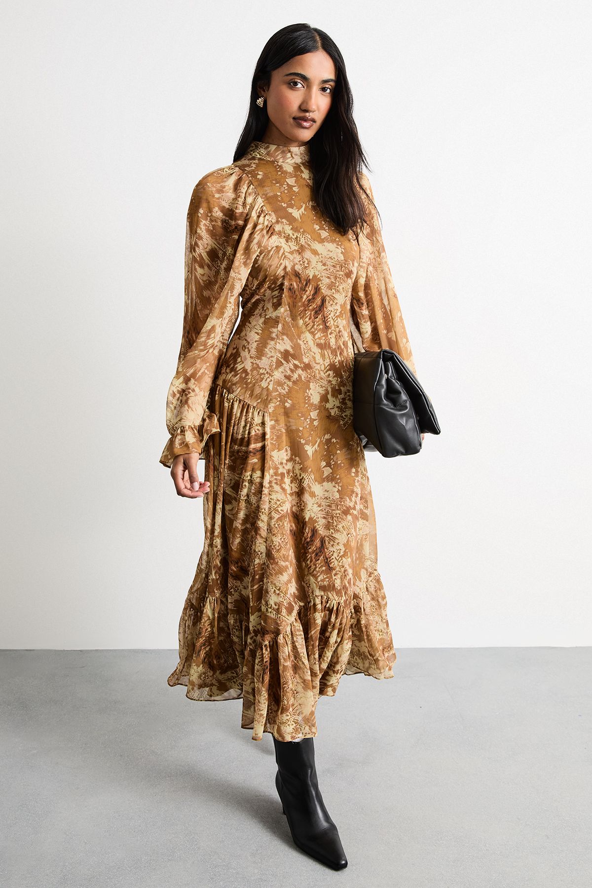 Warehouse Romantic Chiffon Fluted Sleeve Midaxi Dress Neutral