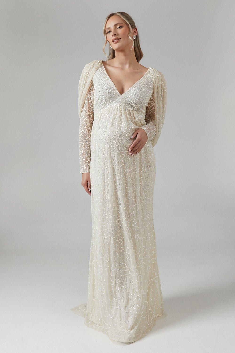 Coast Maternity Cowl Back Long Sleeve Embellished Wedding Dress Ecru image 1