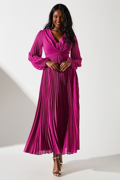 Coast Pleated Wrap Front Dress Magenta