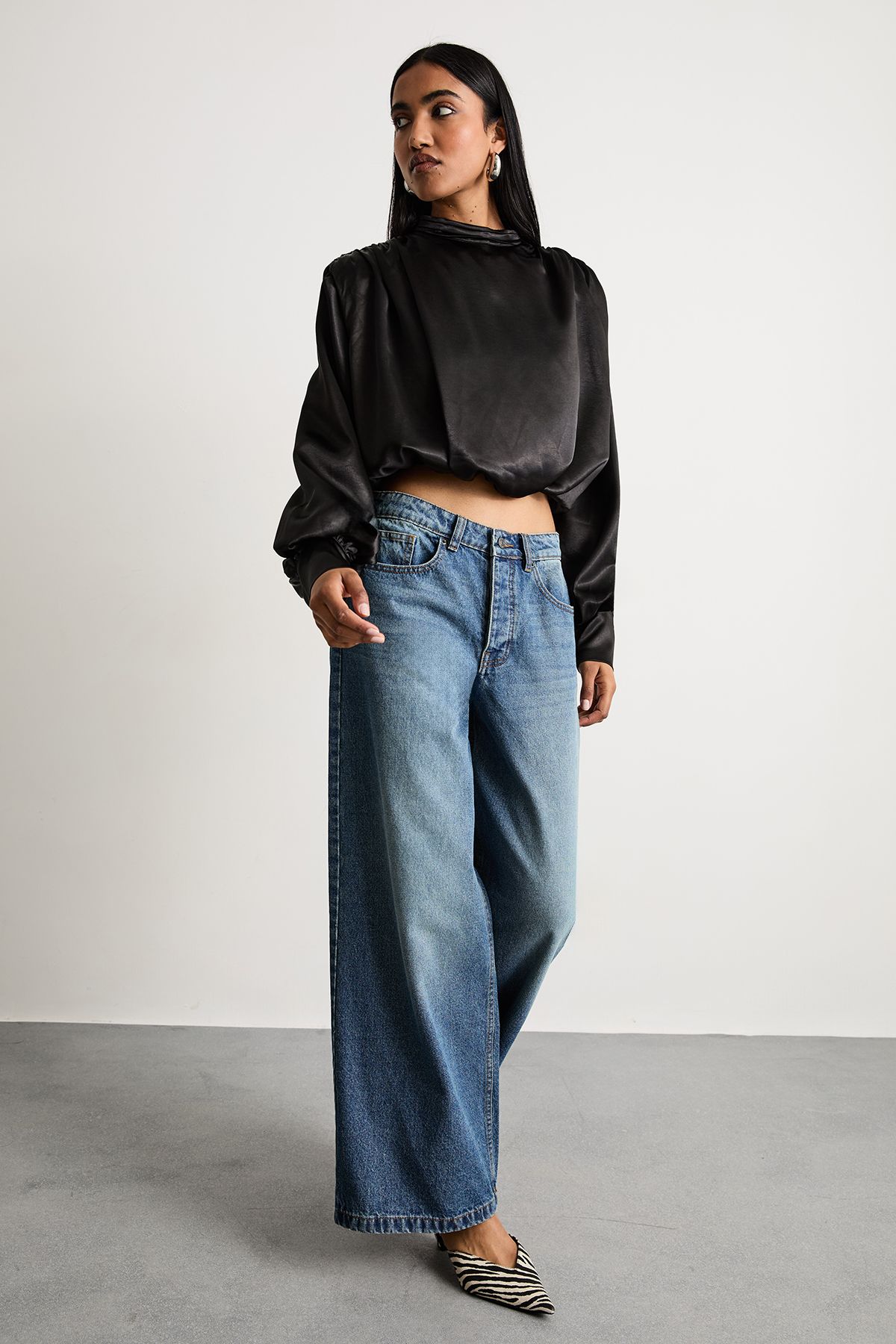 Warehouse Extreme Shoulder Draped Satin Blouse Black image 2