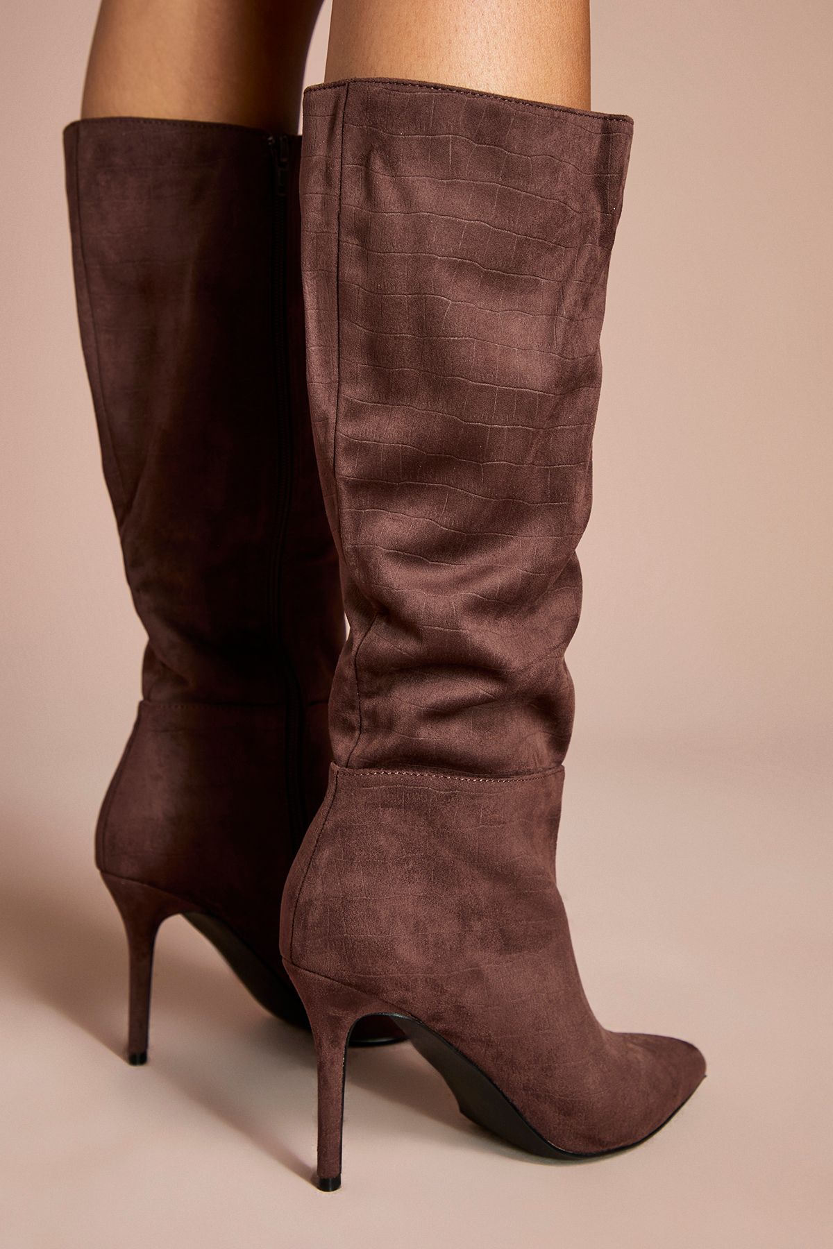 Coast Eleanor Faux Croc Embossed Suede High Stiletto Knee Boots Choc Brown image 4