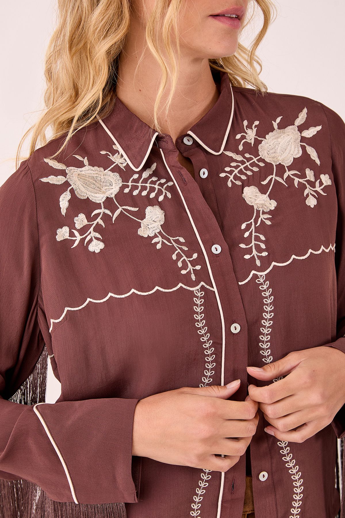 NastyGal Western Embroidered Fringe Shirt Chocolate image 4