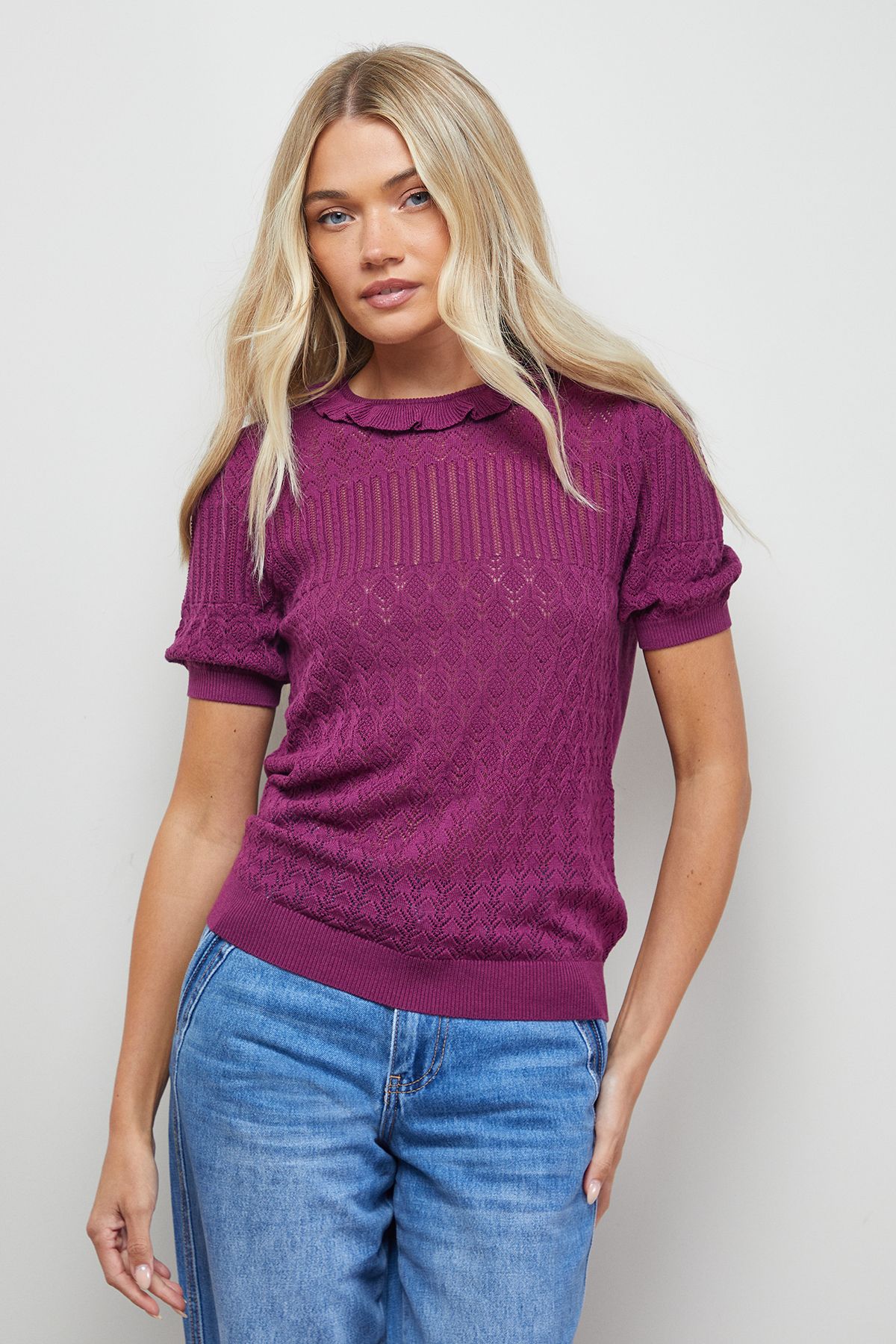 Oasis Puff Sleeve Ruffle Neck Short Sleeve Jumper Plum image 4