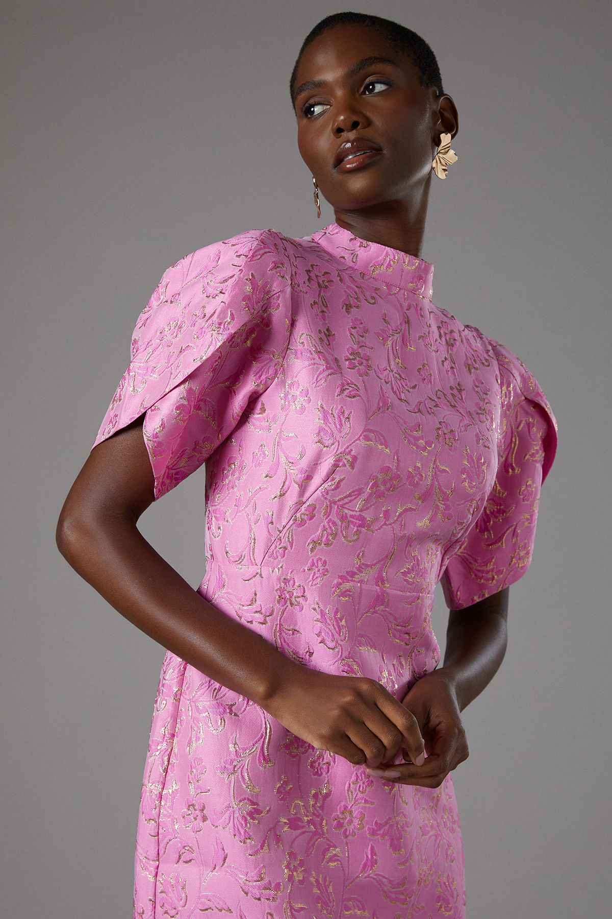 Coast Metallic Puff Sleeve Jacquard Mini Dress Bright Pink image 4