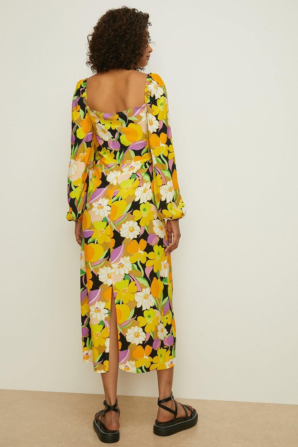 Oasis Petite Graphic Floral Tie Front Midi Dress Yellow image 3