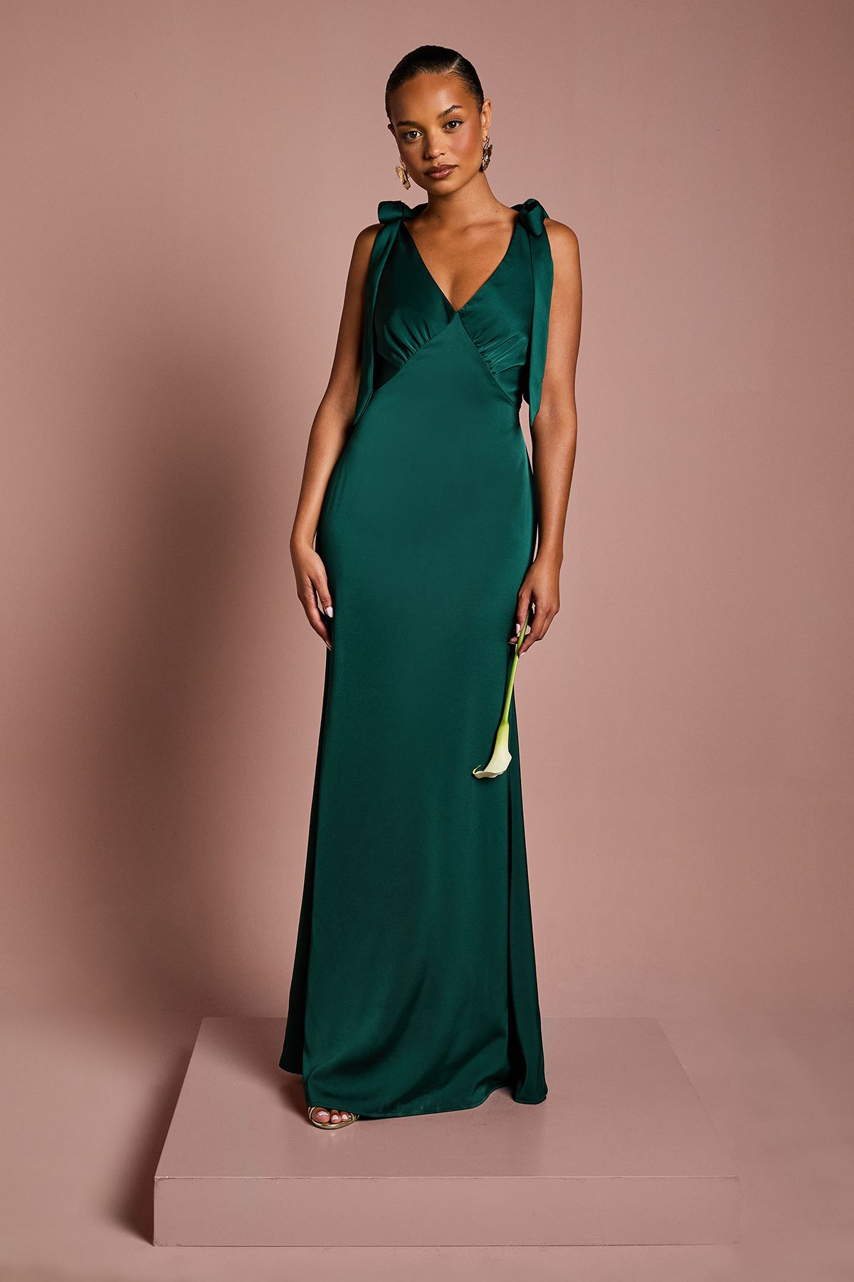 Coast Coast Honoured Petite Satin Back Crepe V Neck Tie Shoulder Maxi Bridesmaid Dress Emerald image 1