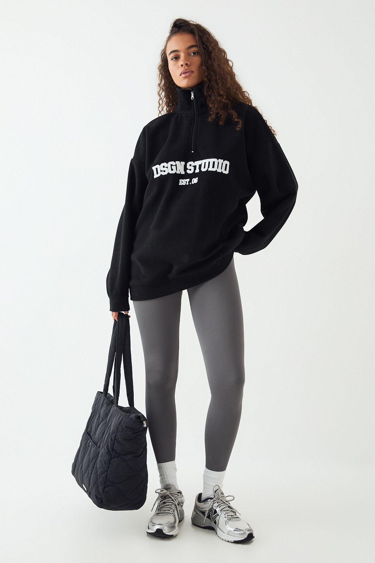 DSGN Studio DSGN Studio Slogan Embroidered Half Zip Oversized Polar Fleece Sweatshirt Black image 3