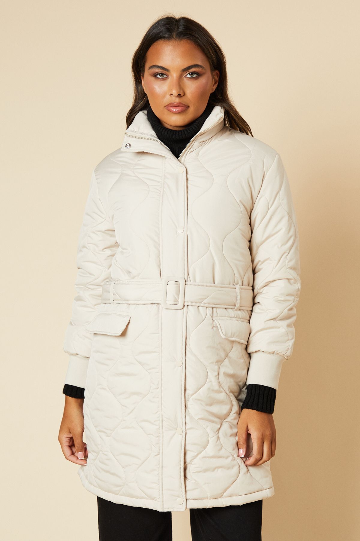 Dorothy Perkins Self Covered Button Quilted Padded Puffer Midi Coat Stone image 1