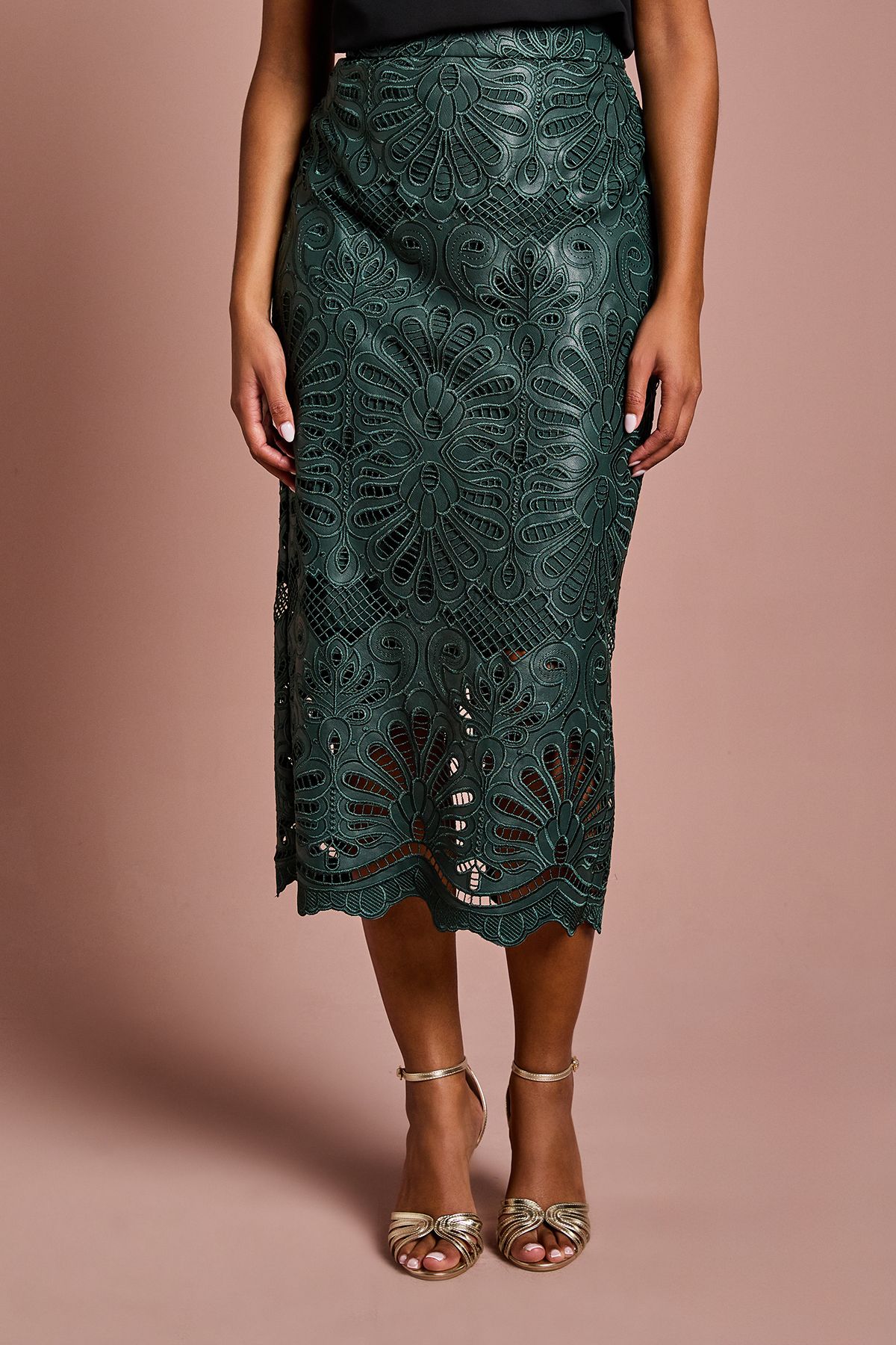 Coast Petite PU Lace Midi Skirt Emerald image 2