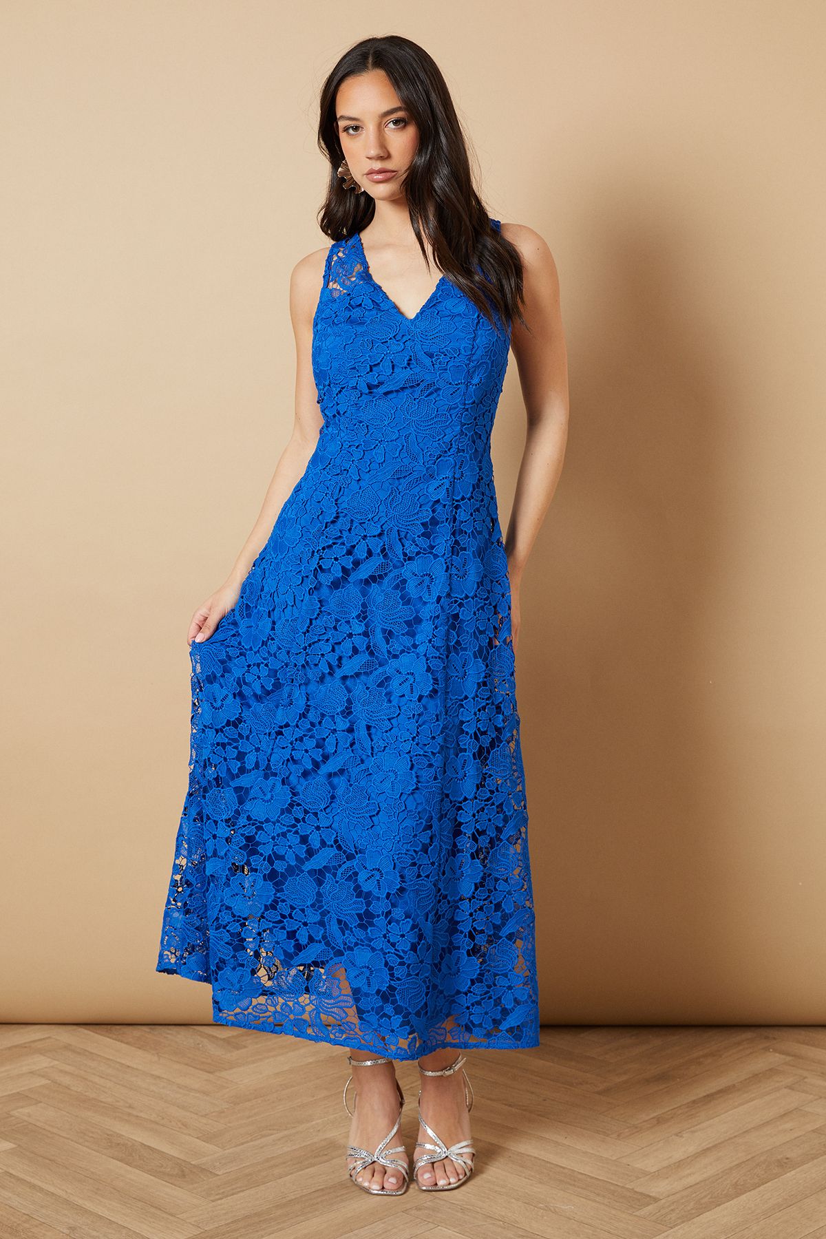 Oasis Floral Lace V Neck Midi Dress Cobalt image 1