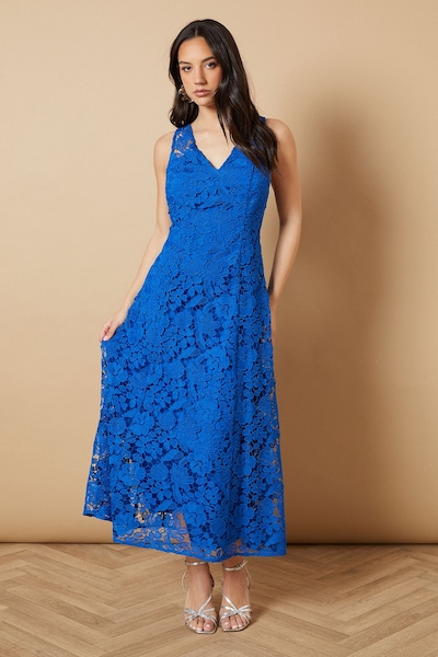 Oasis Floral Lace V Neck Midi Dress Cobalt