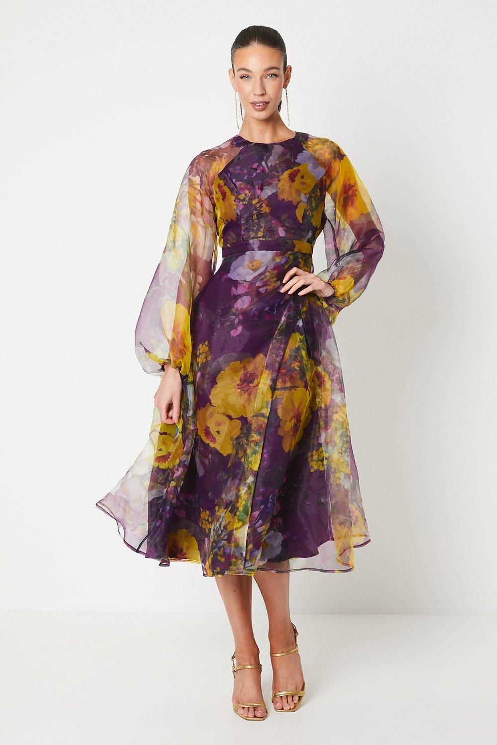 Coast Organza Wrap Waist Puff Sleeve Midi Dress Purple image 1