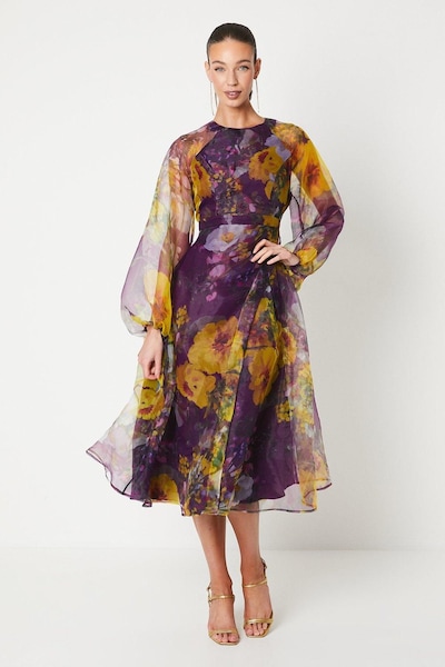 Coast Organza Wrap Waist Puff Sleeve Midi Dress Purple