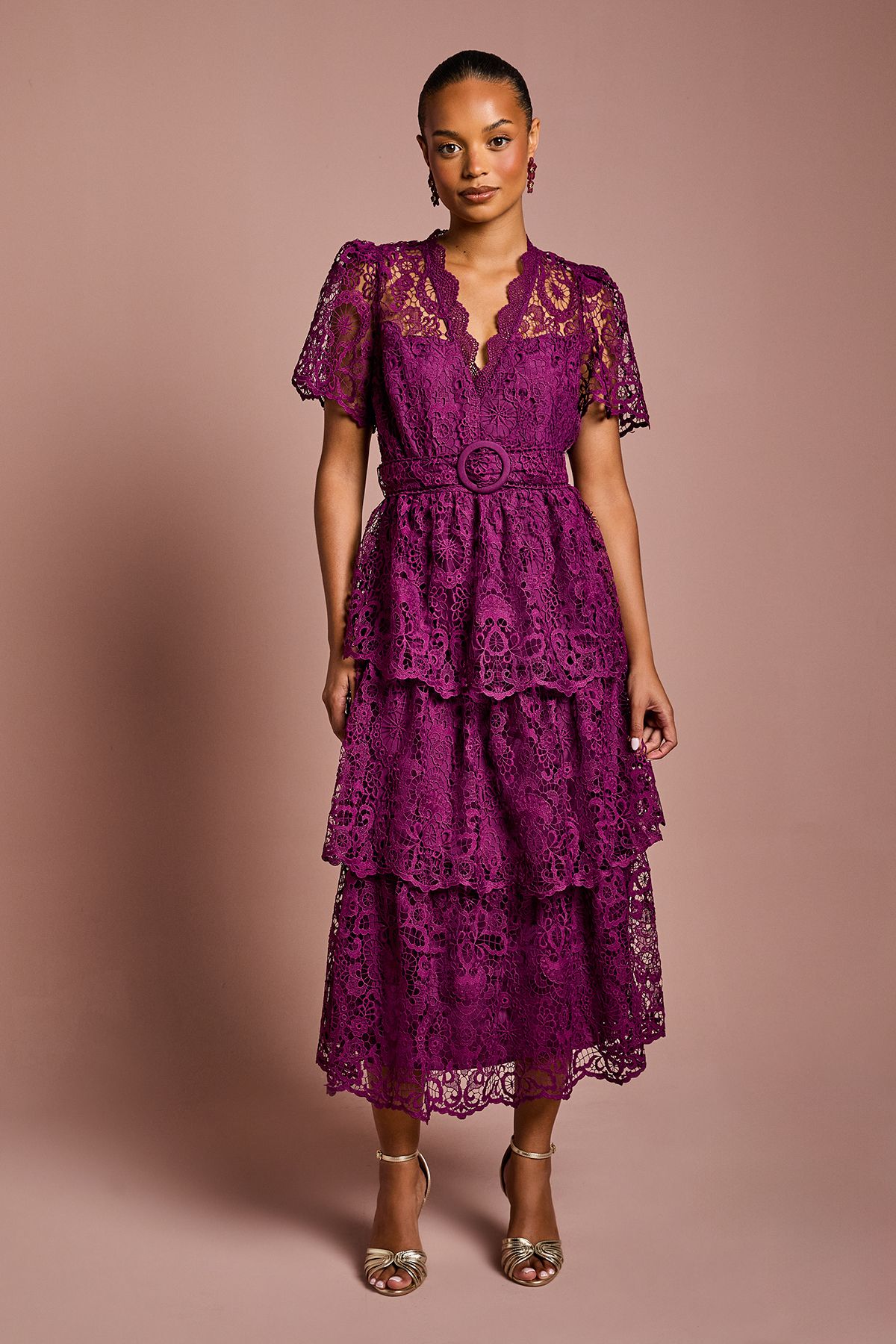 Coast Petite Short Sleeve V Neck Tiered Lace Midi Dress Plum image 1
