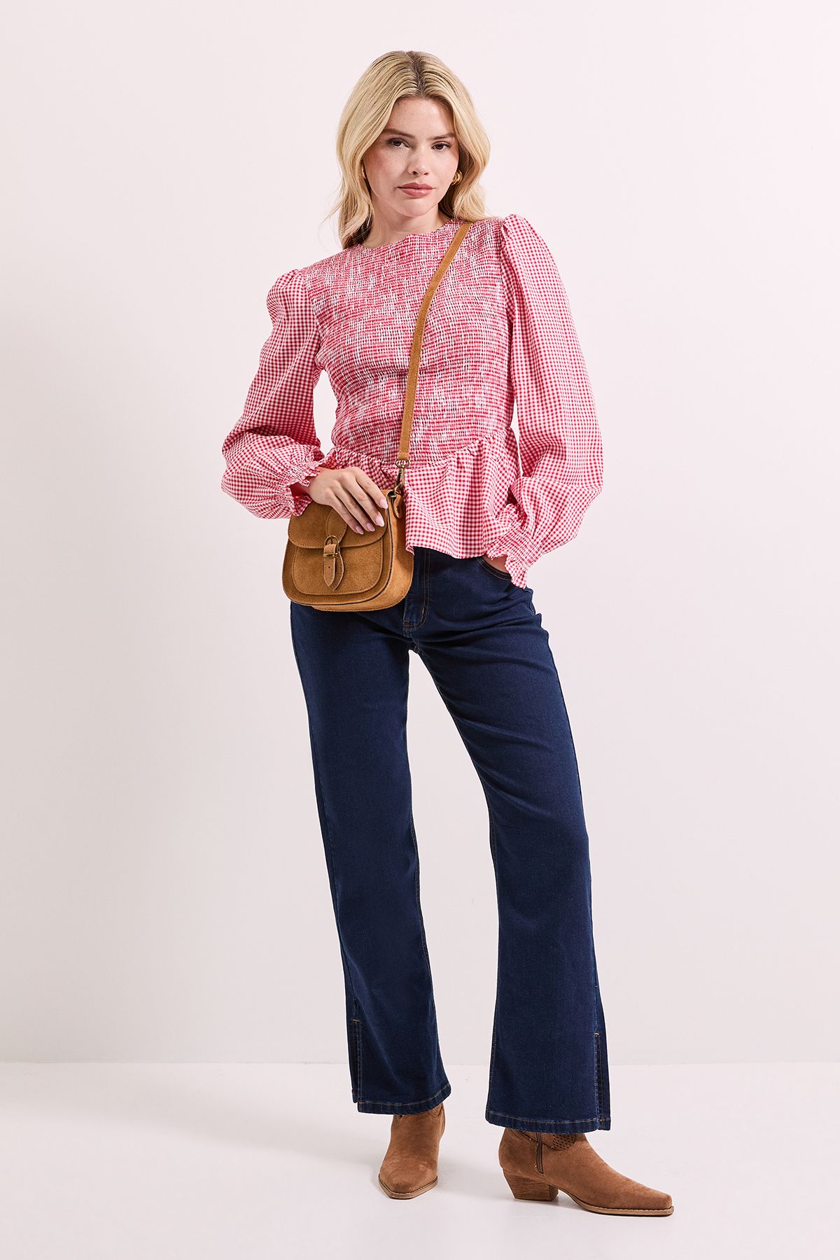 Dorothy Perkins Gingham Shirred Bodice Blouson Sleeve Peplum Top Red