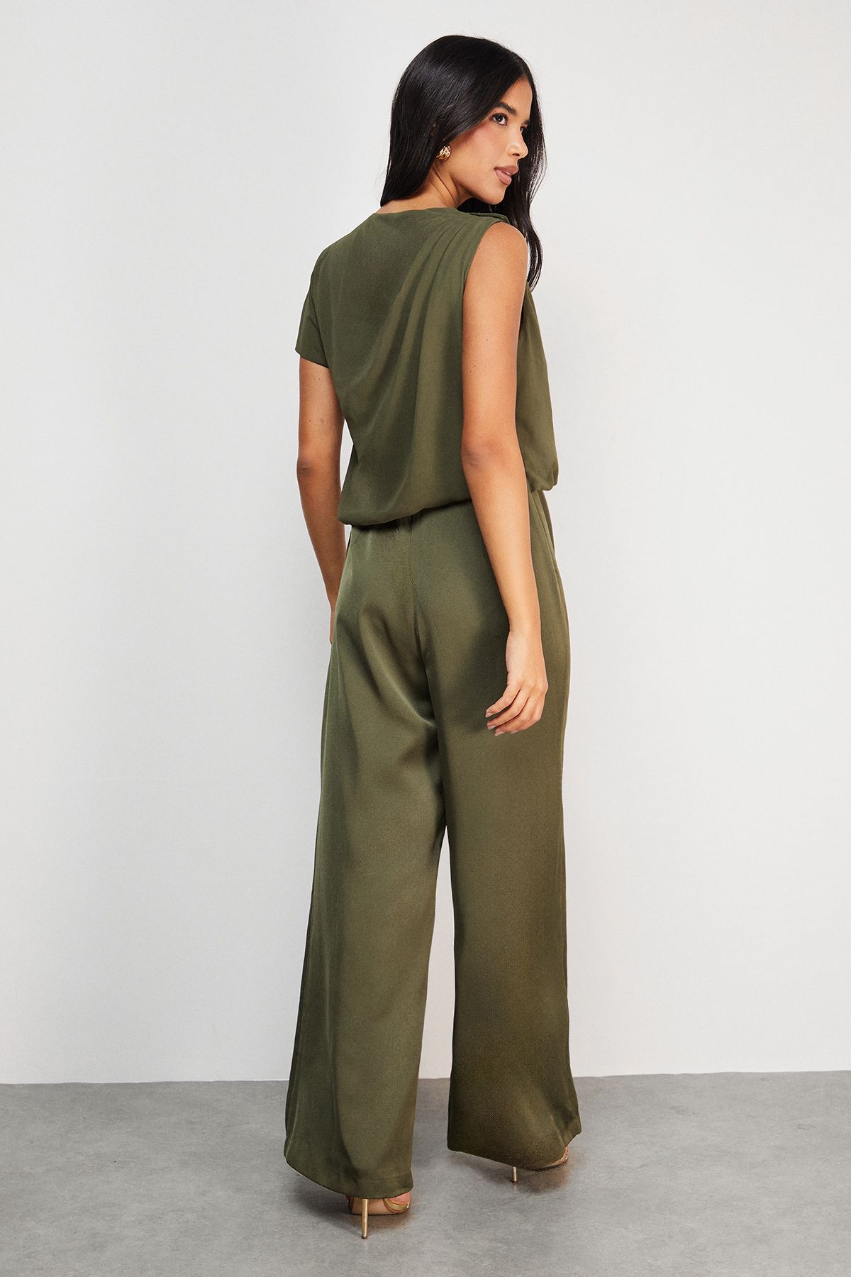 Warehouse Satin Chiffon Mix One Shoulder Drape Jumpsuit Dark Olive image 3