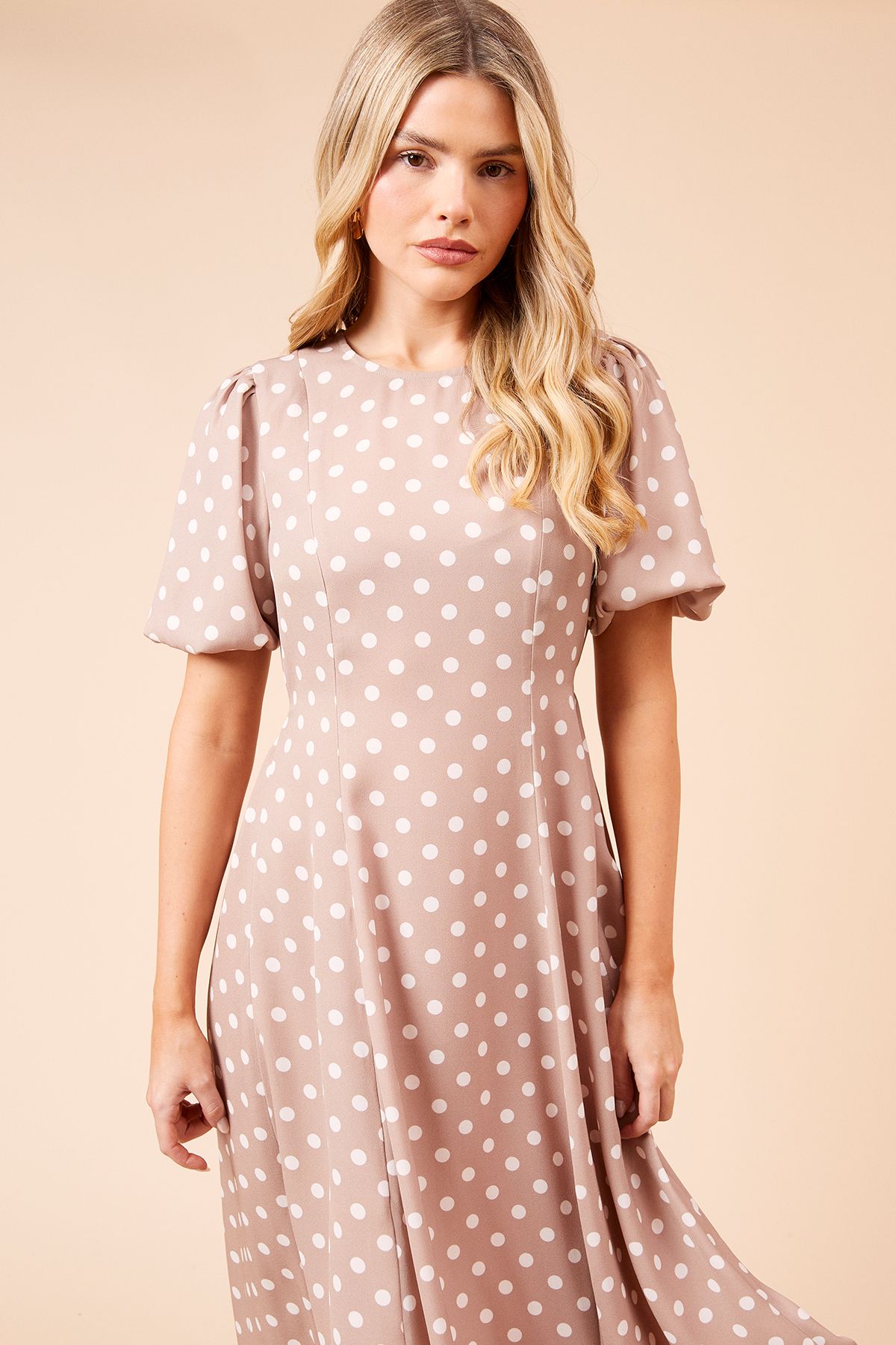 Dorothy Perkins Spot Seamed Body Puff Sleeve Midi Dress Beige image 2