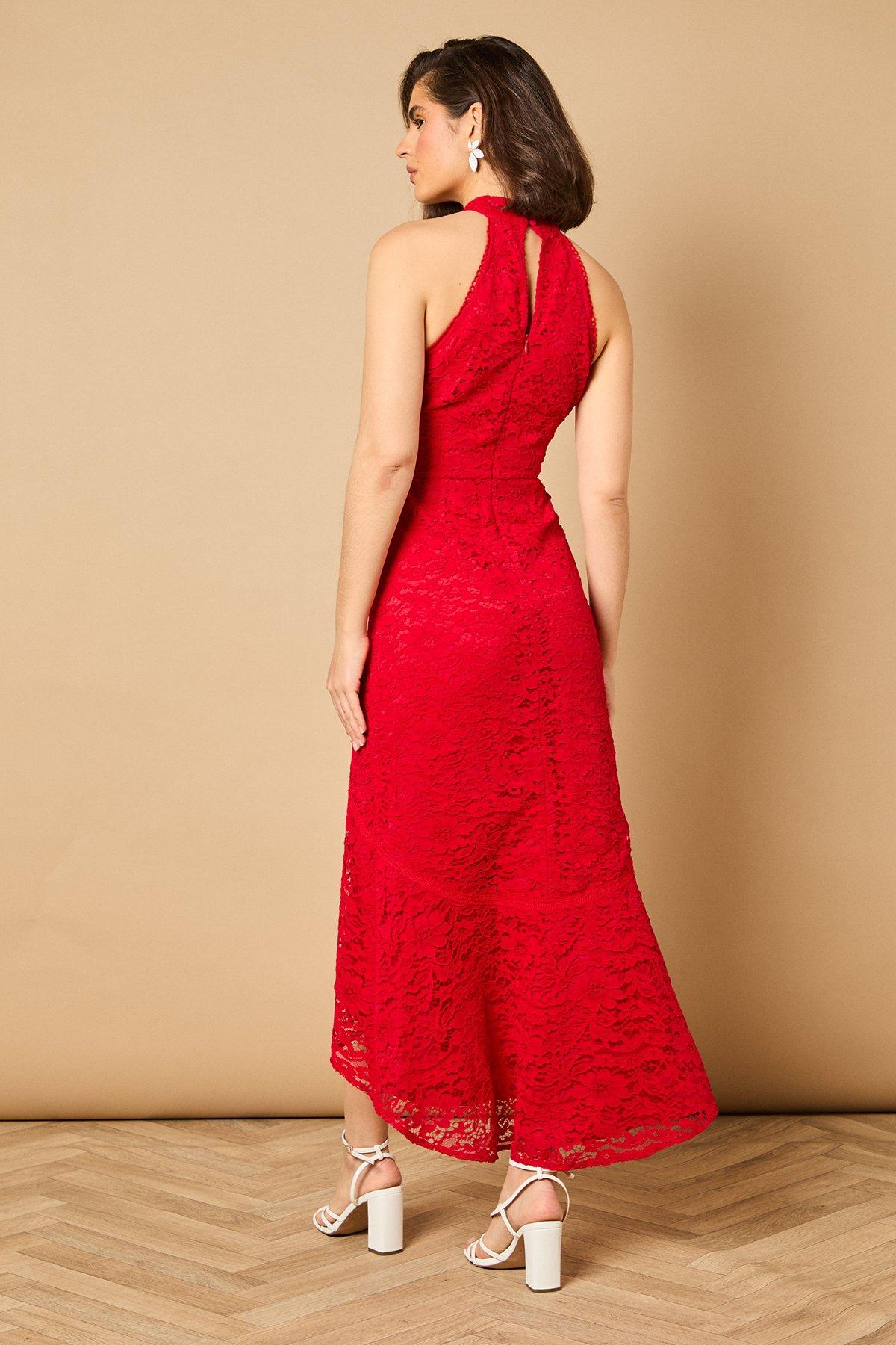 Oasis Lace Detail High Low Halterneck Midi Dress Red image 4