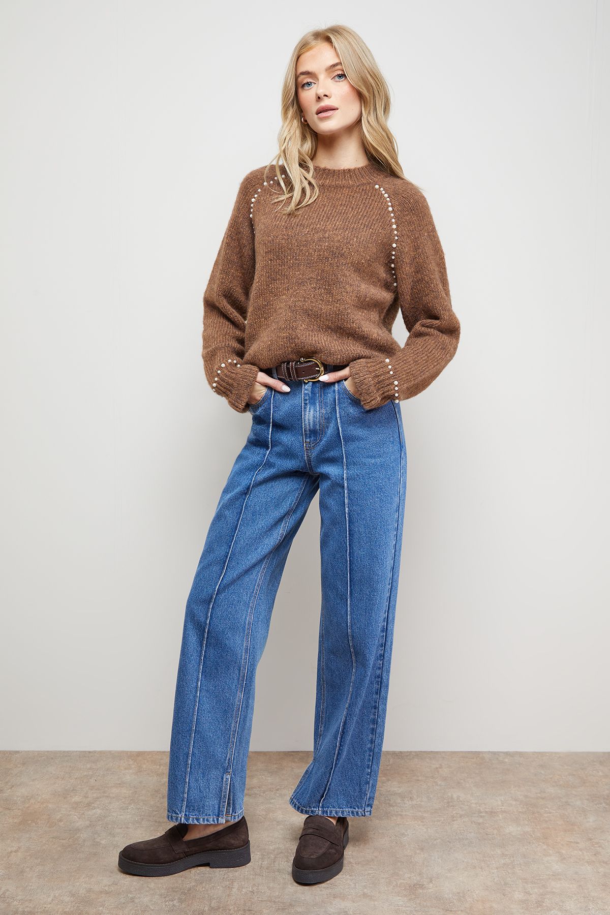 Oasis Pearl Detail Frill Cuff Jumper Chocolate image 2