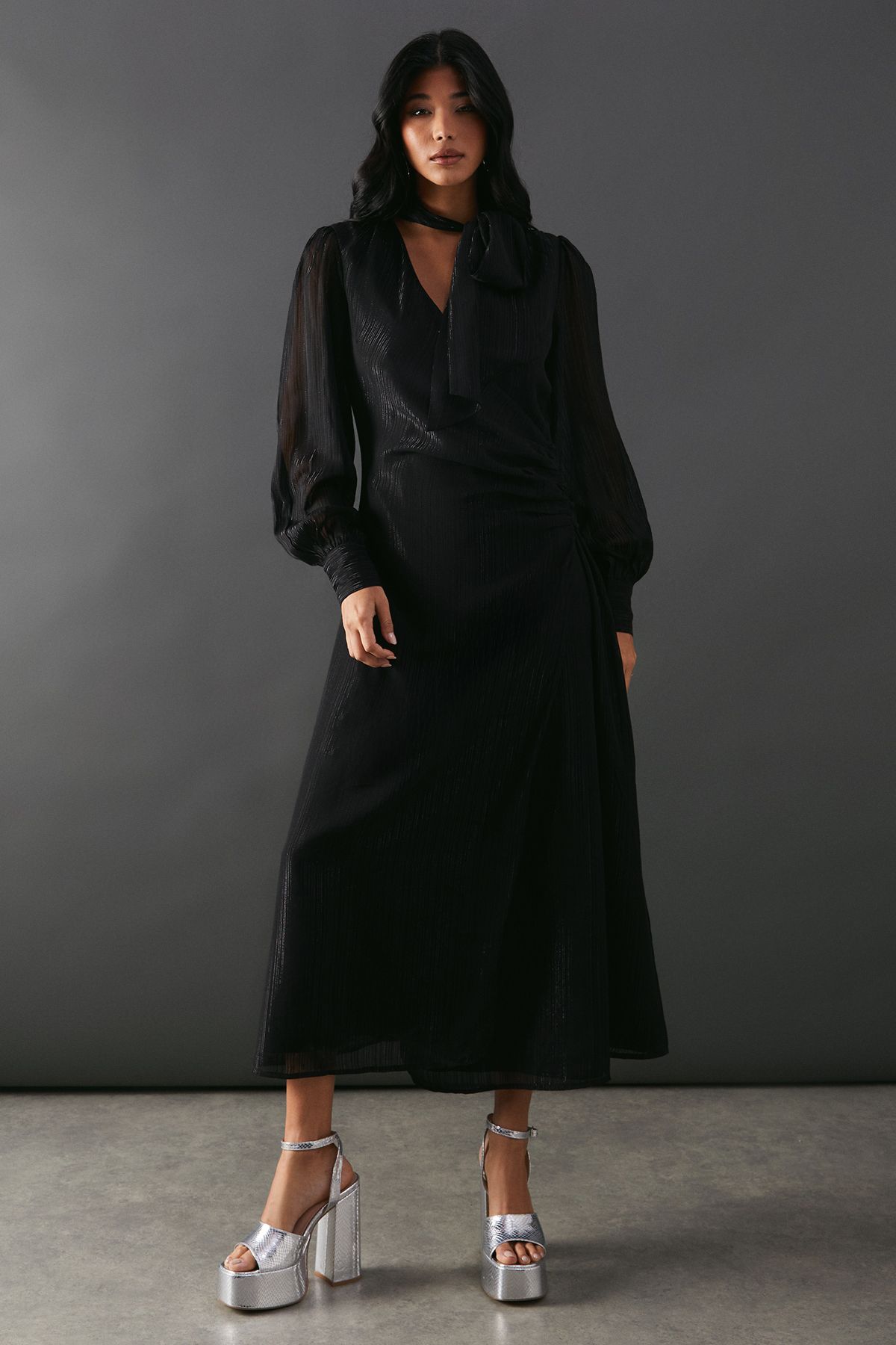 Warehouse Metallic Shadow Stripe Tie Neck Button Side Wrap Midi Dress Black image 2