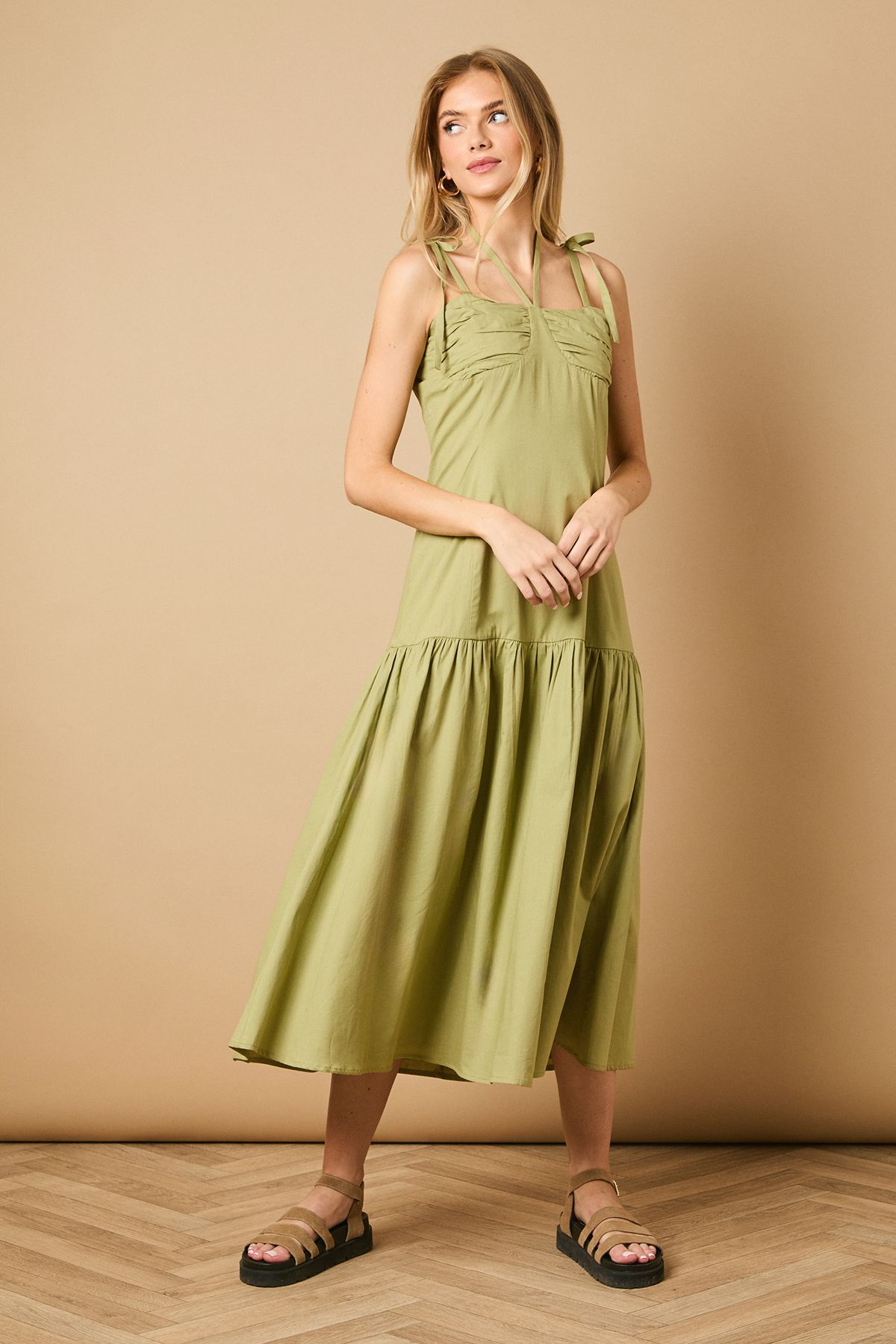 Oasis Cup Detail Halterneck Drop Hem Midaxi Dress Khaki image 1