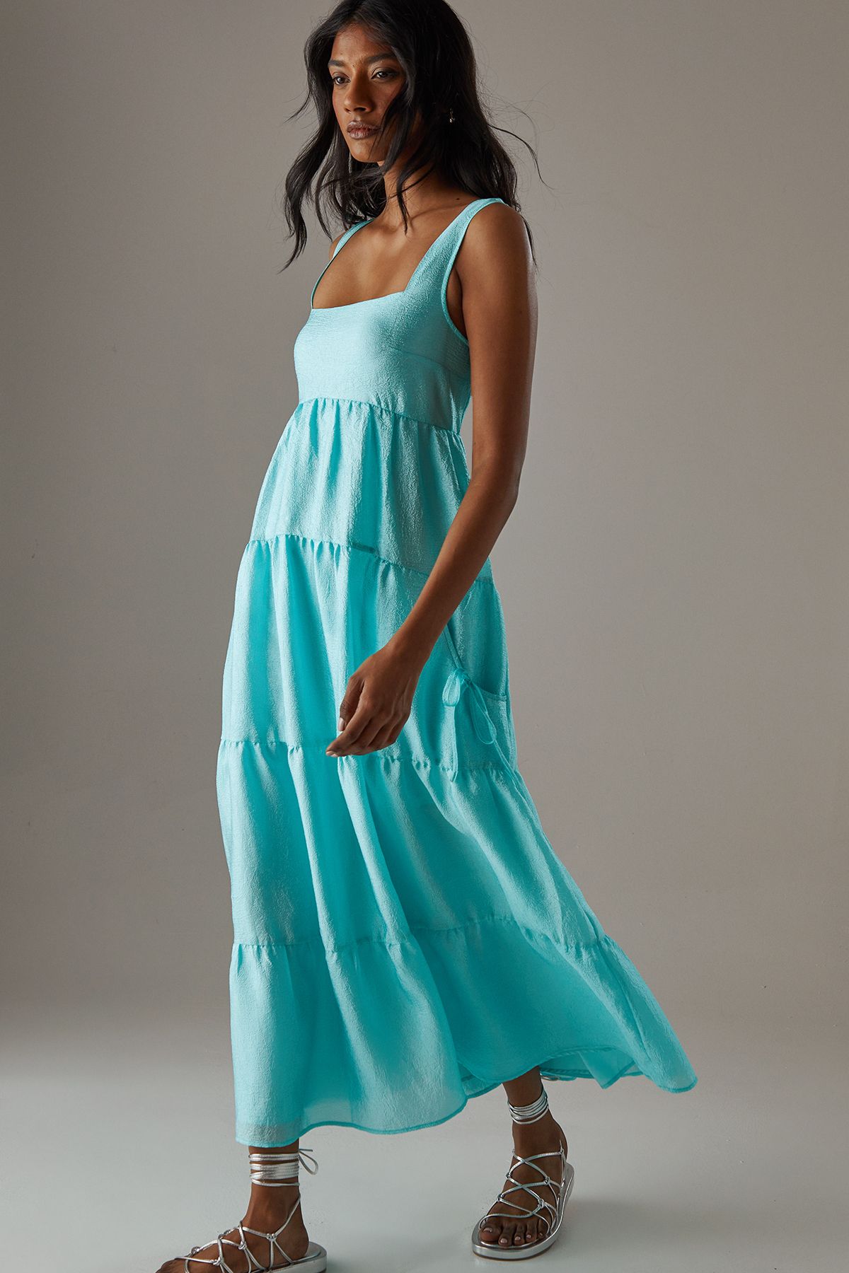 Warehouse Square Neck Smock Midi Dress With Below Pocket Aqua image 2