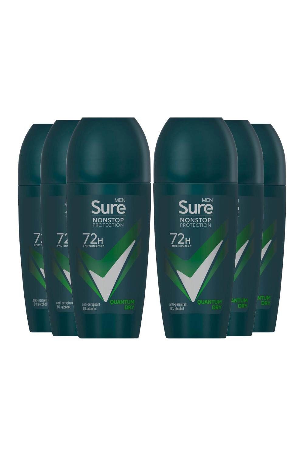 Sure Men 'Antiperspirant Deo' Roll On 72H Protection Quantum Dry, 6x50ml image 1