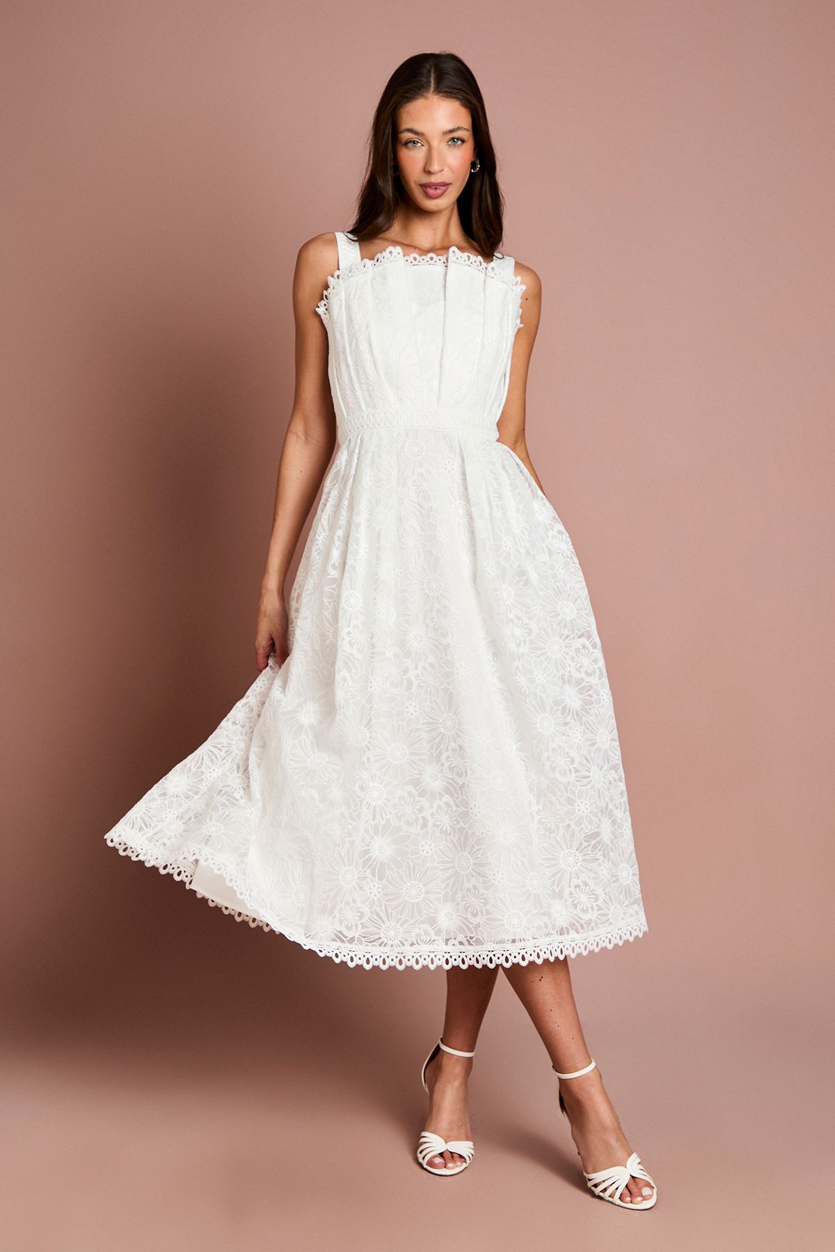 Coast Fan Bodice Lace Midi Dress Ivory