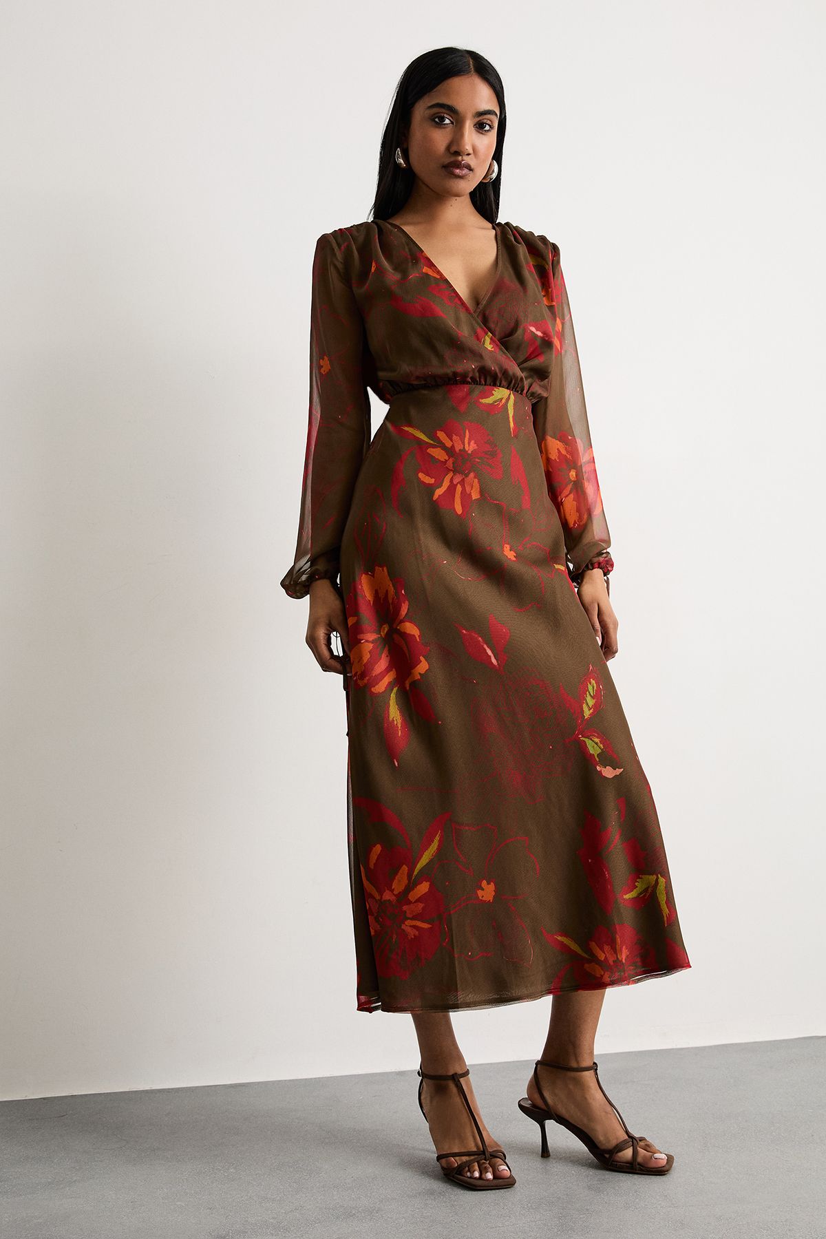 Warehouse Printed Shoulder Pad V Neck Tie Detail Midi Dress Brown