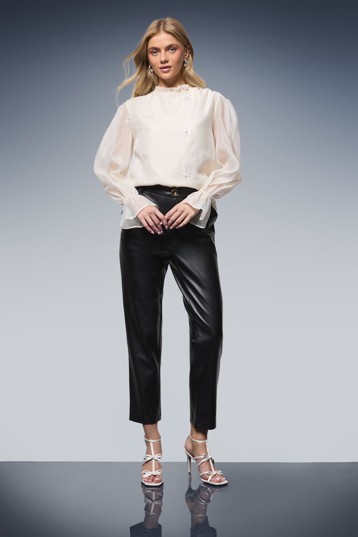 Oasis Sequin Floral Embroidered Frill Neck Blouse Ivory image 4