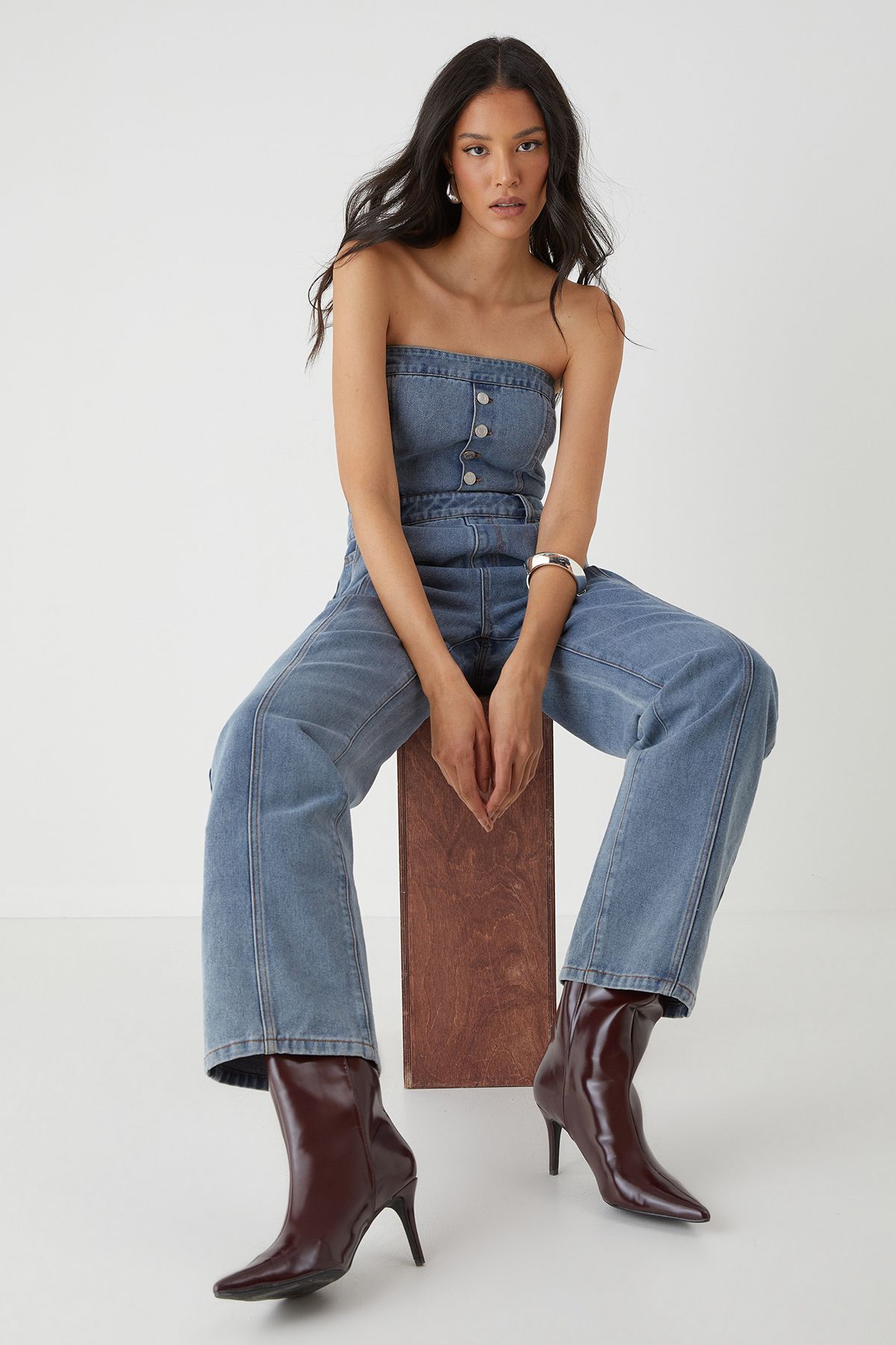 MissPap Bandeau Button Up Denim Jumpsuit Mid Wash image 1