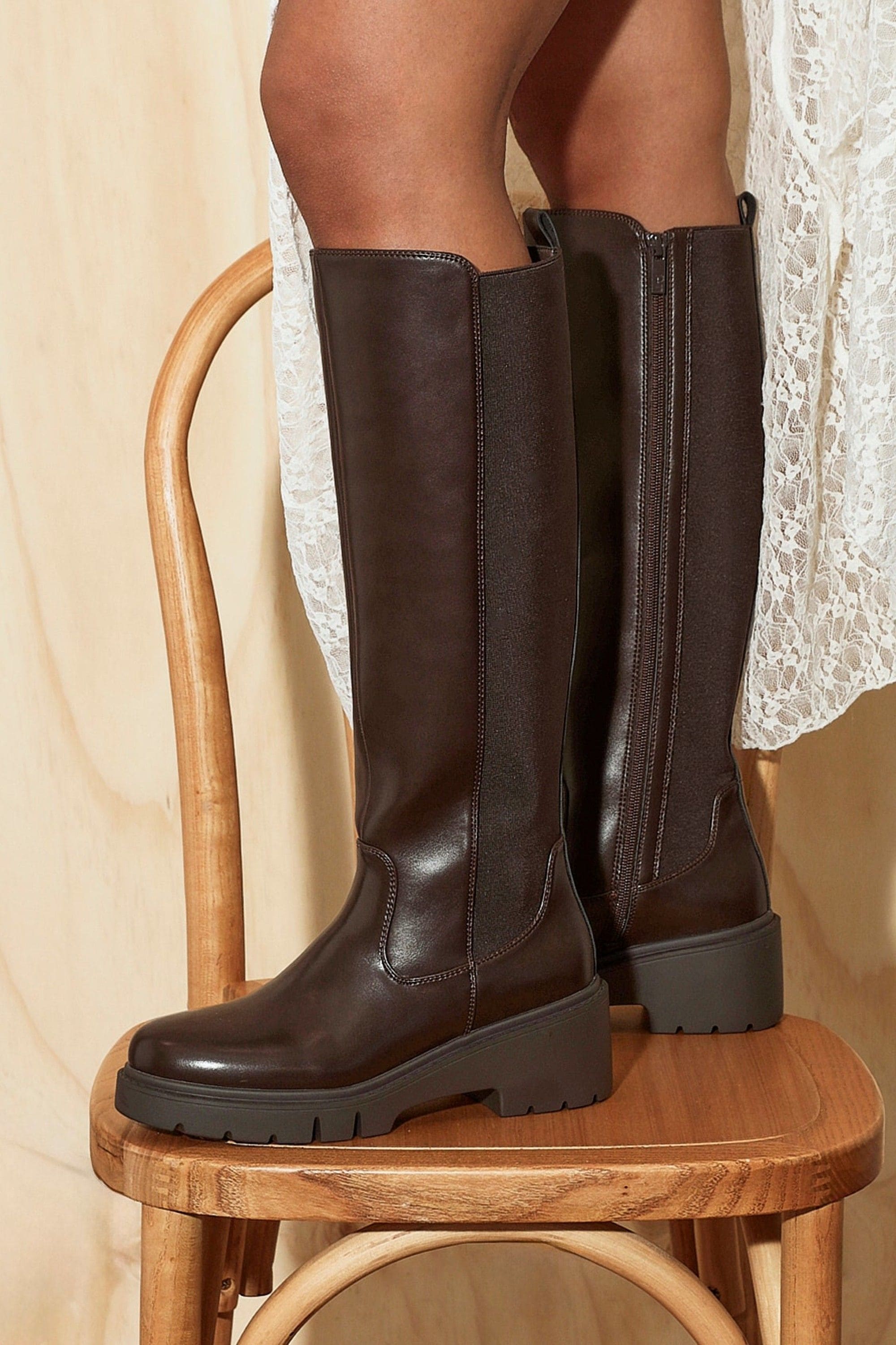 Linzi Hyland Brown Faux Leather High Leg Wedge Boot image 6