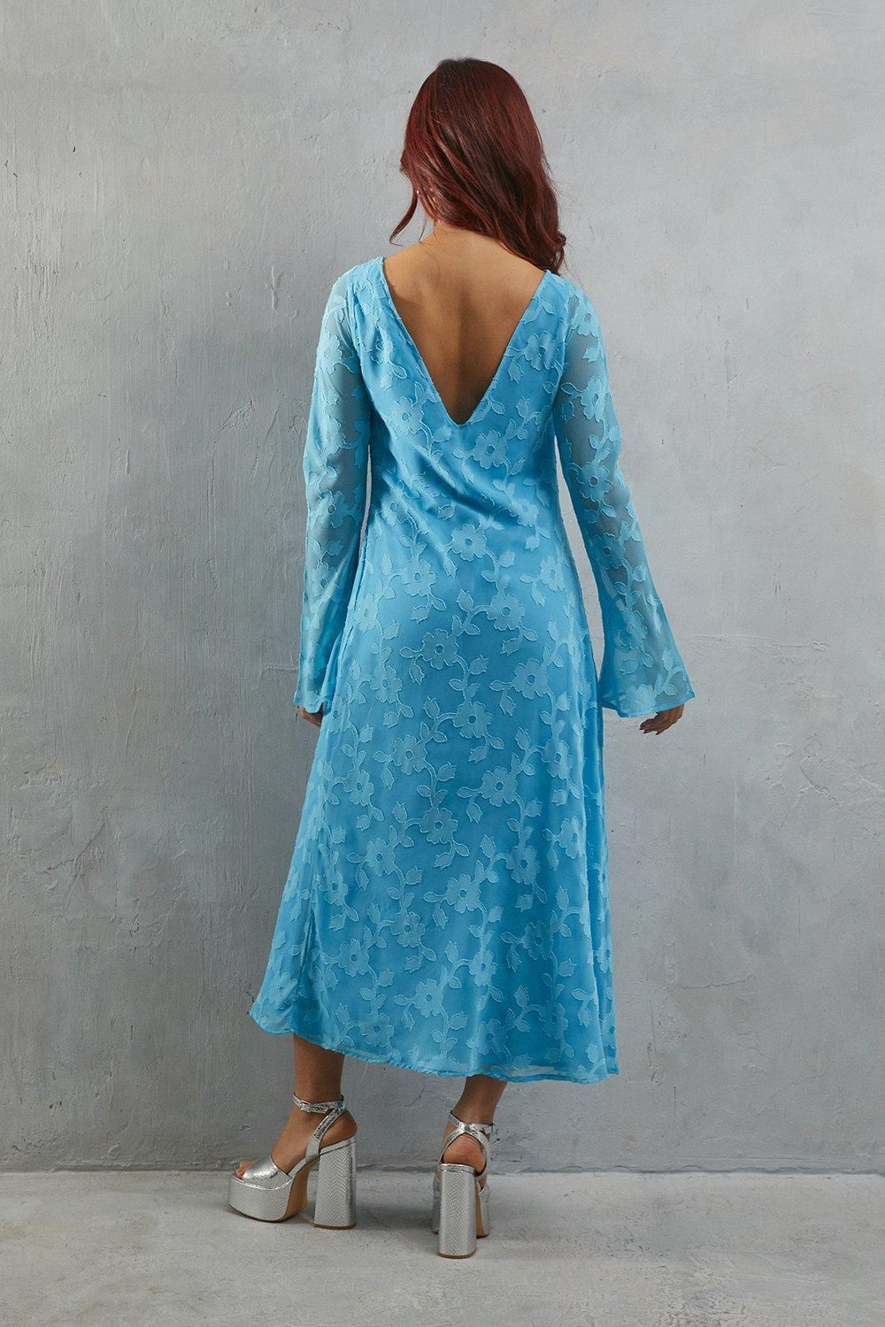 Warehouse Burnout Chiffon Slash Neck Flutter Sleeve Bias Midi Dress Blue image 3