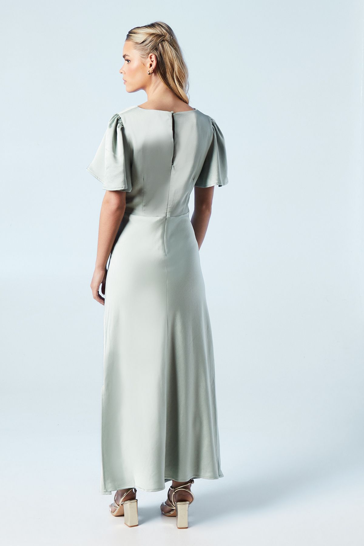 Oasis Petite Twist Front Angel Sleeve Maxi Bridesmaid Dress Sage image 3