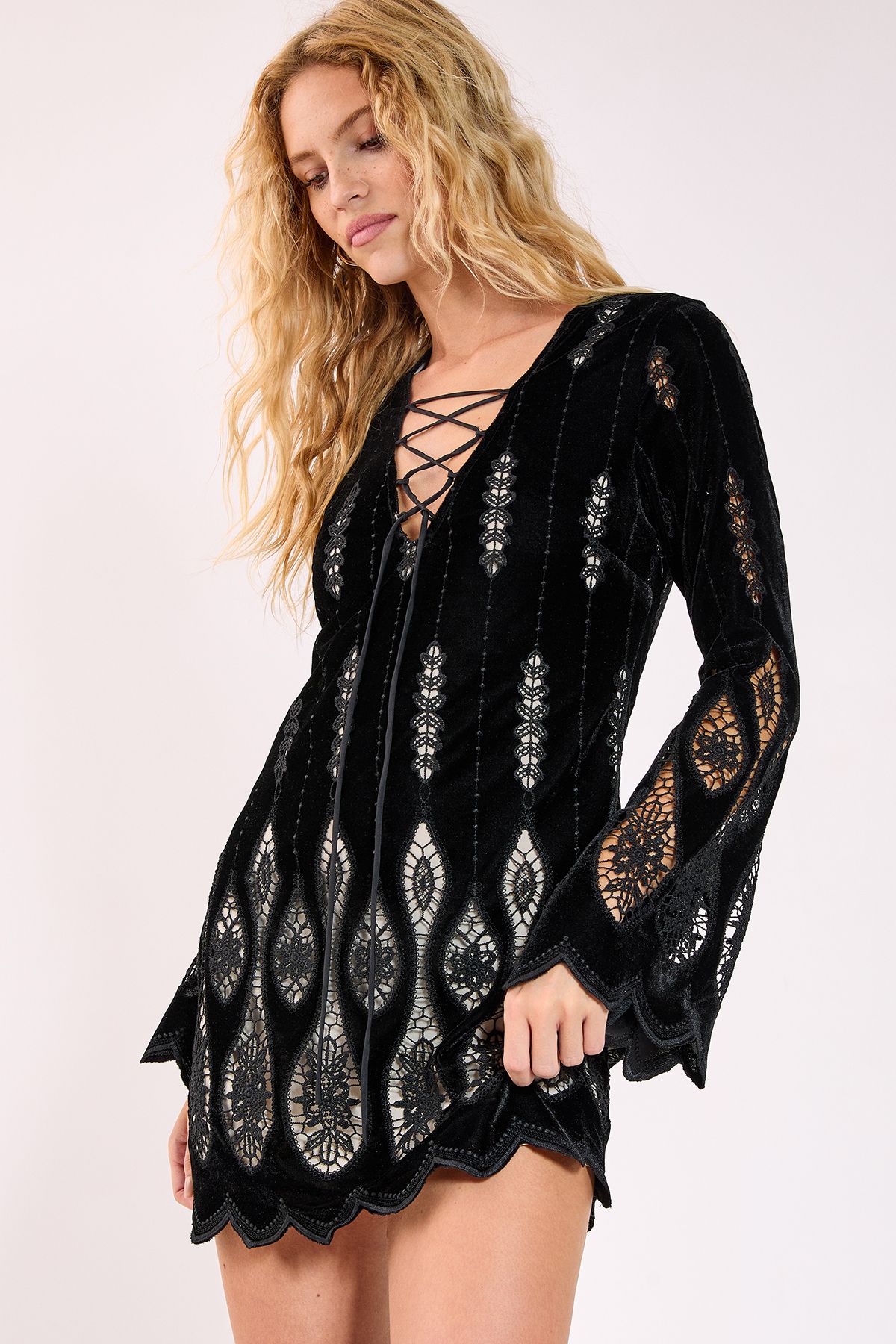 NastyGal Velvet Cutwork Lace Up Front Mini Dress Black image 1