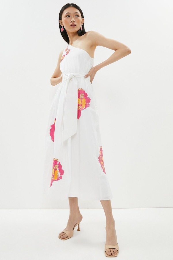 Coast One Shoulder Floral Sequin Poplin Midi Dress With Belt Ivory