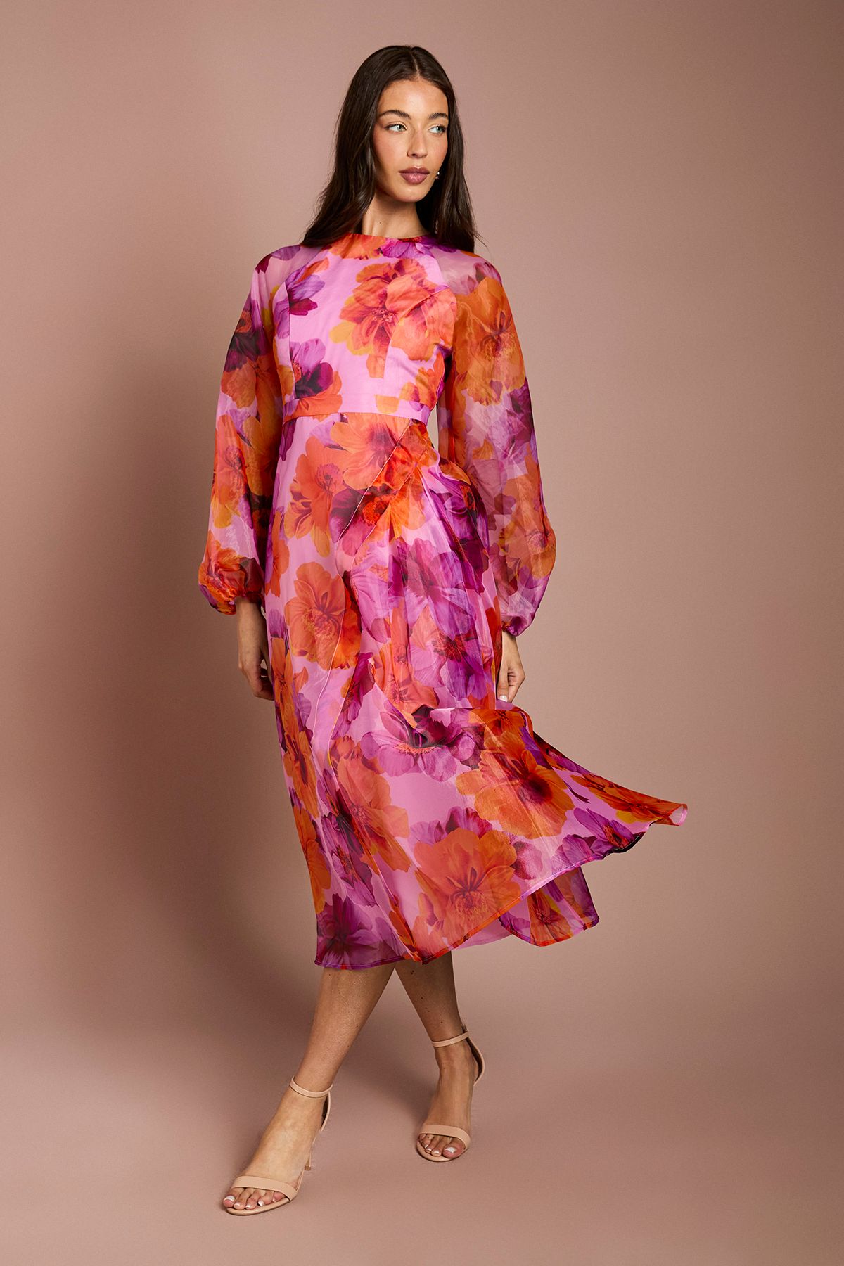 Coast Organza Wrap Waist Puff Sleeve Midi Dress Pink