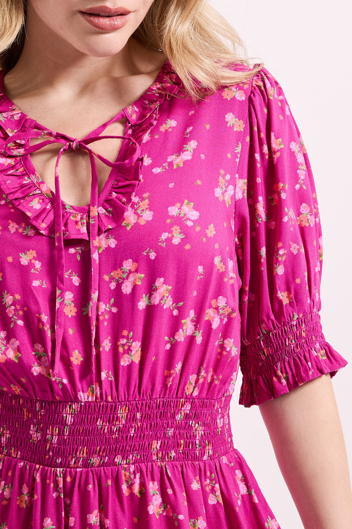 Dorothy Perkins Pink Floral Shirred Waist Tie Neck Mini Dress Pink image 5