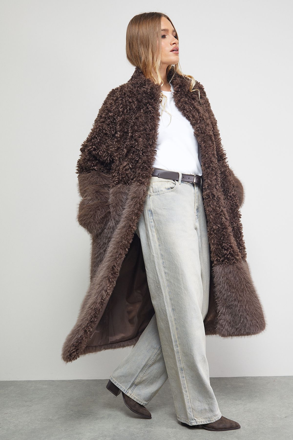 Warehouse Patchwork Fur Midi Coat Chocolate image 4